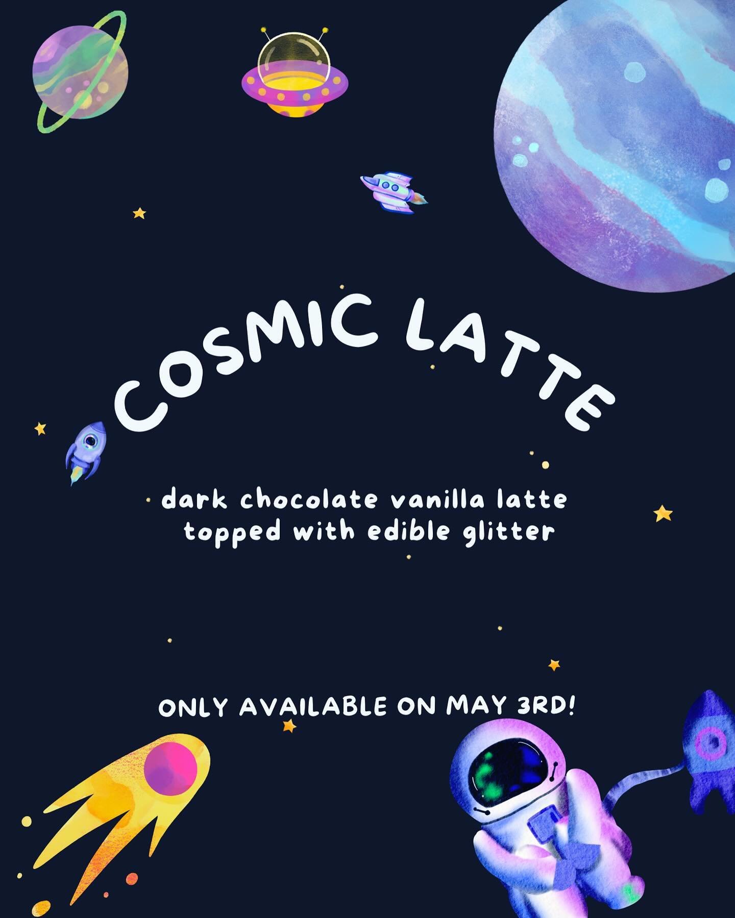 Happy National Space Day 🔭🪐👽🛸

We are celebrating with our new cosmic latte that is out of this world delicious! 😋

TOMORROW we are having two fun drinks on the menu 
🪐 Bantha Milk
🪐 Chai-Bacca 

Both are coffee free, but you can add espresso 