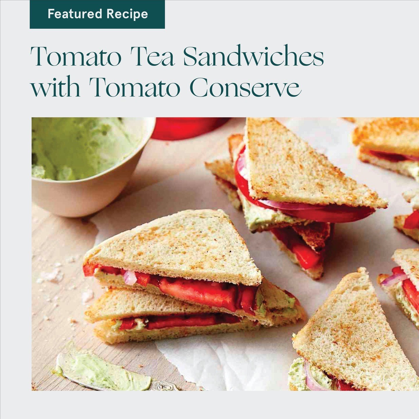 Looking for an easy lunch or dinner? Look no further than this recipe for Tomato Conserve Tea Sandwiches 🍅⁠
⁠
Stir together cream cheese, Tomato Conserve, pepper, and 1/2 teaspoon of the salt in a small bowl until combined. Spread cream cheese mixtu