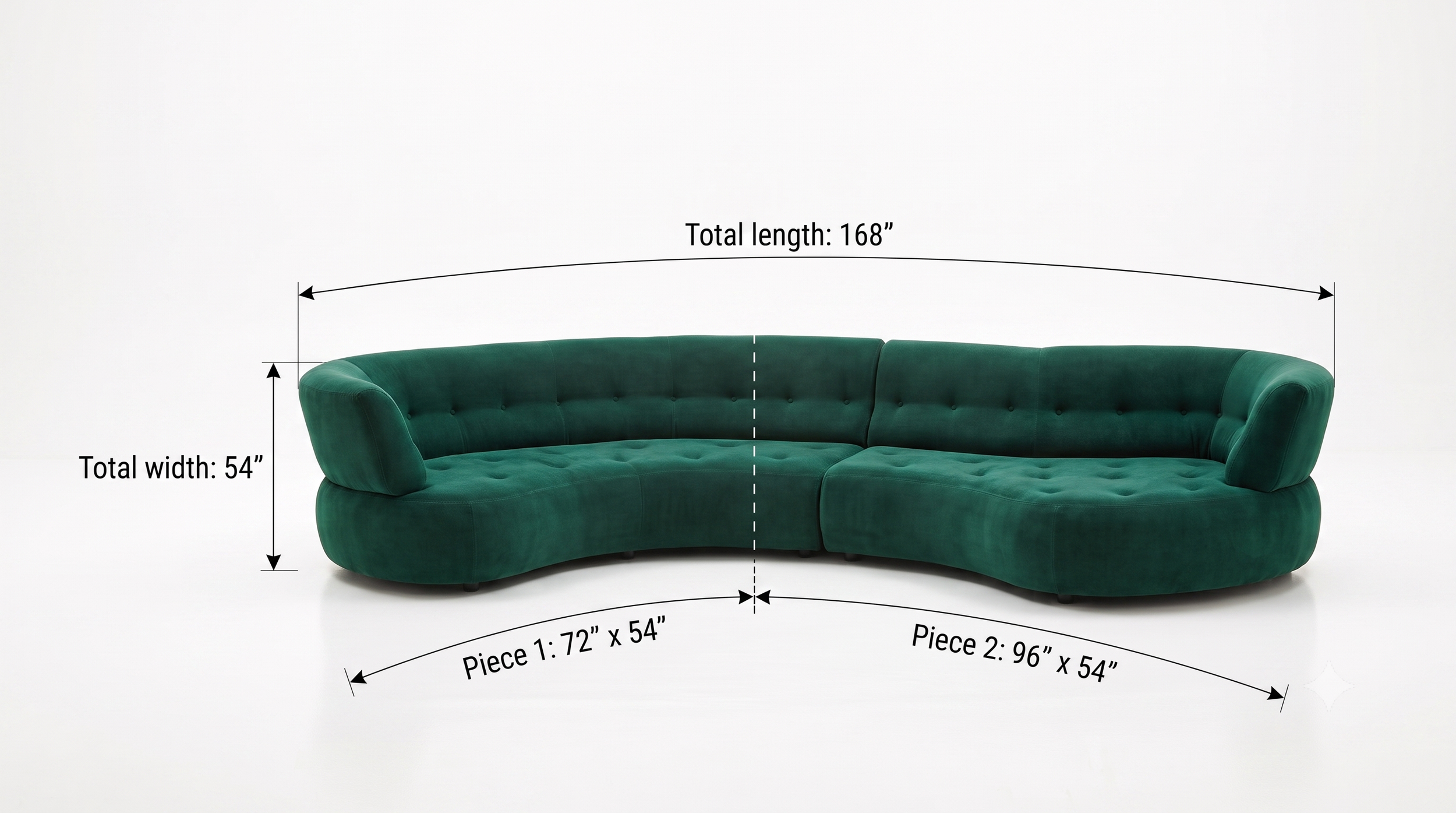 Roche Bobois Serpentine biomorphic two-piece sectional in green velvet.