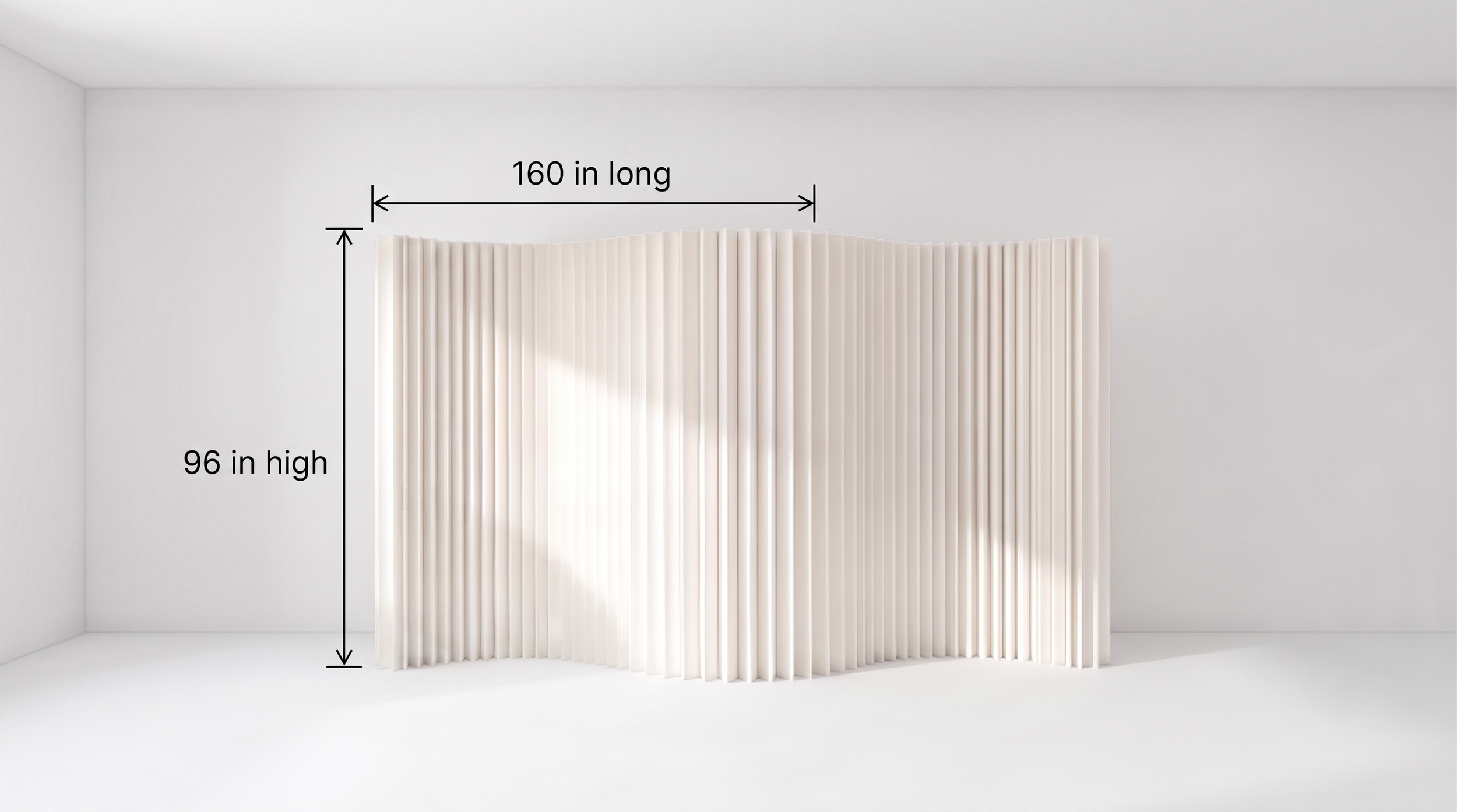 Curved fluted panel room divider, 160x96 inch white studio wall installation
