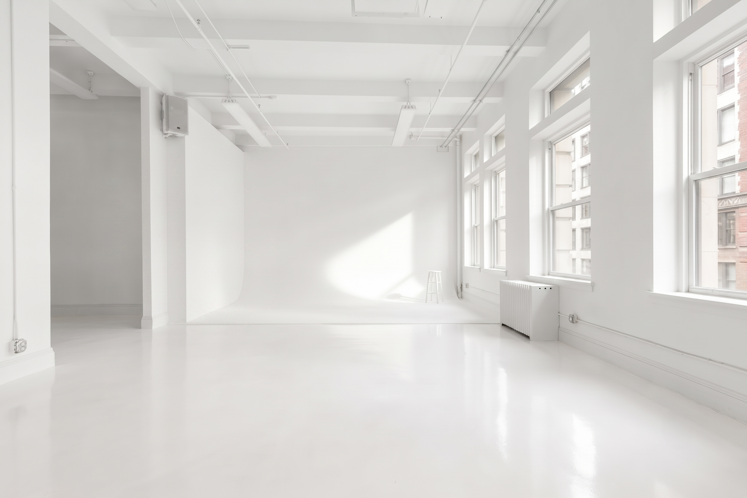 White cyclorama wall photo studio with natural light windows and radiator