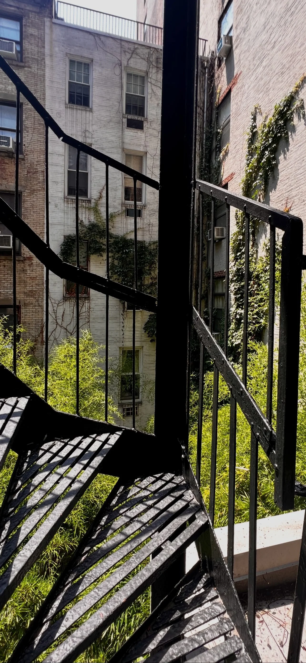 Iron staircase railing curve with garden greenery, loft building exterior