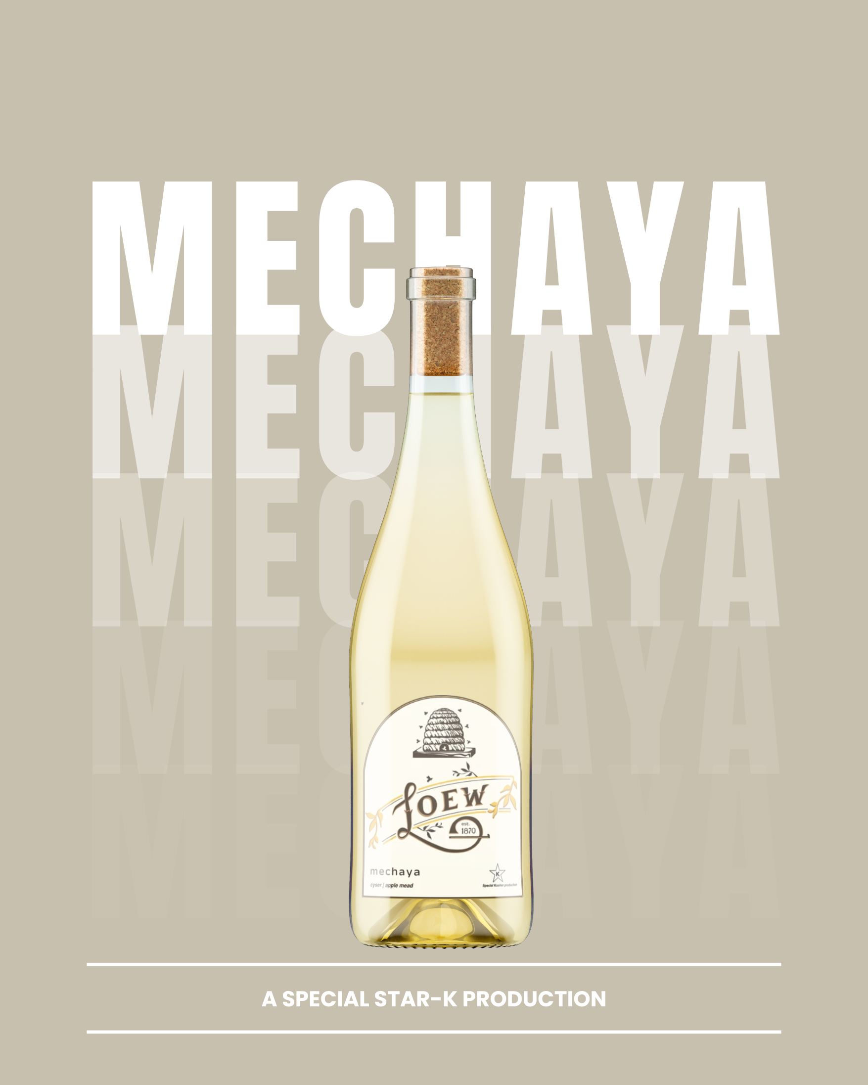 A hand holding a bottle of mead with a white label that reads 'Loew Mechaya'