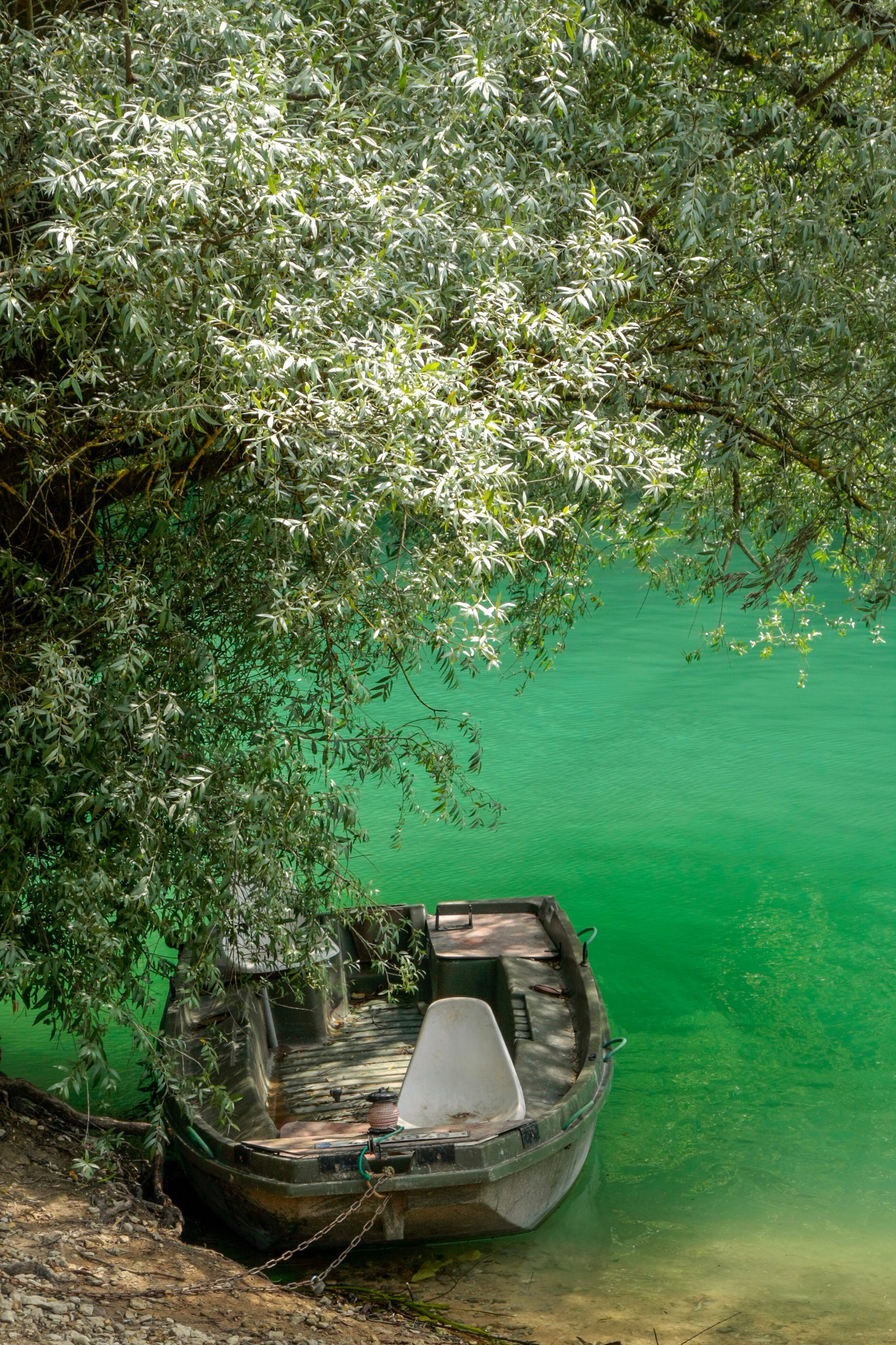 Barque sur les eaux turquoise du lac de Chalain dans le Jura