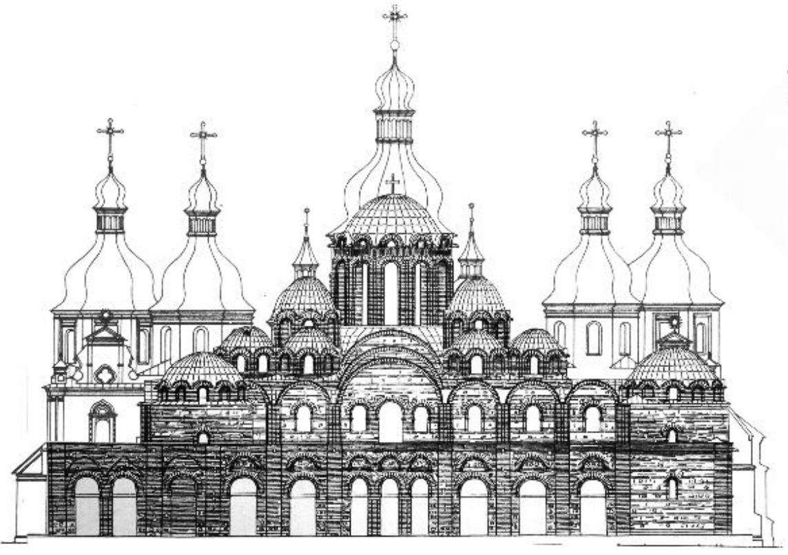 Figure 4 (above): The western front elevation of the current cathedral overlaid with an earlier version of the elevation conveys the opus mixtum method in the materiality of the cathedral