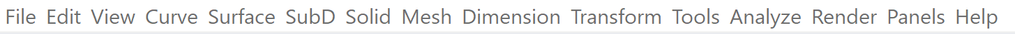 Menu: At the top of the screen you'll see the menu bar with drop down menus of different Rhino features.