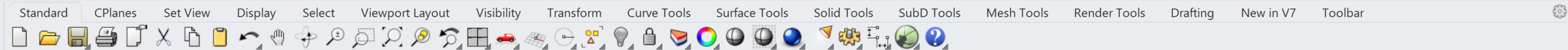 Tool Tabs and Panels: Like the menu bar, the tool tabs give you access to all the Rhino features but this time with icons that help you find what you need more easily. You'll notice that the left panel will remain the same from the 'Standard' to the 'Transform' tab as well as the 'New in V7' and 'Toolbar' tabs, but will change to offer more tools from the 'Curve Tools' to the 'Drafting Tools' tabs.