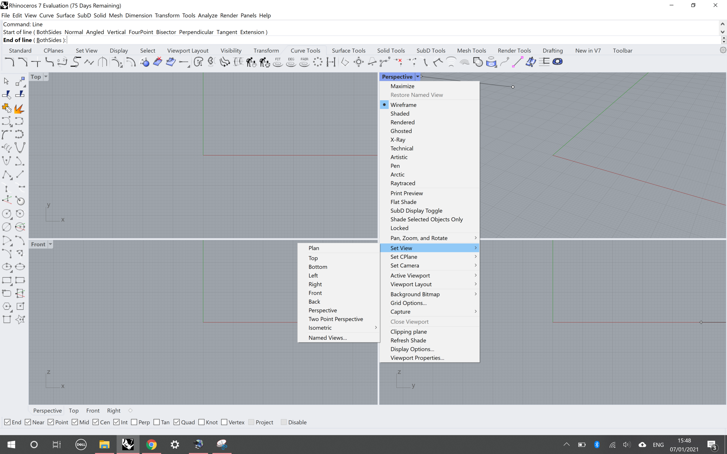Viewports: If your screen is split up into four like the one on the right, that's because by default Rhino opens up new files from the templates with four viewports, which are labelled in the top left hand corner of each box. If you click on the label, a drop down menu will appear which allows you to change the view of each box. You'll also find some different finishes that you can test out on your model. To maximise one viewport panel, double click on its label in the left hand corner - this fills up the whole screen with your selected viewport.
