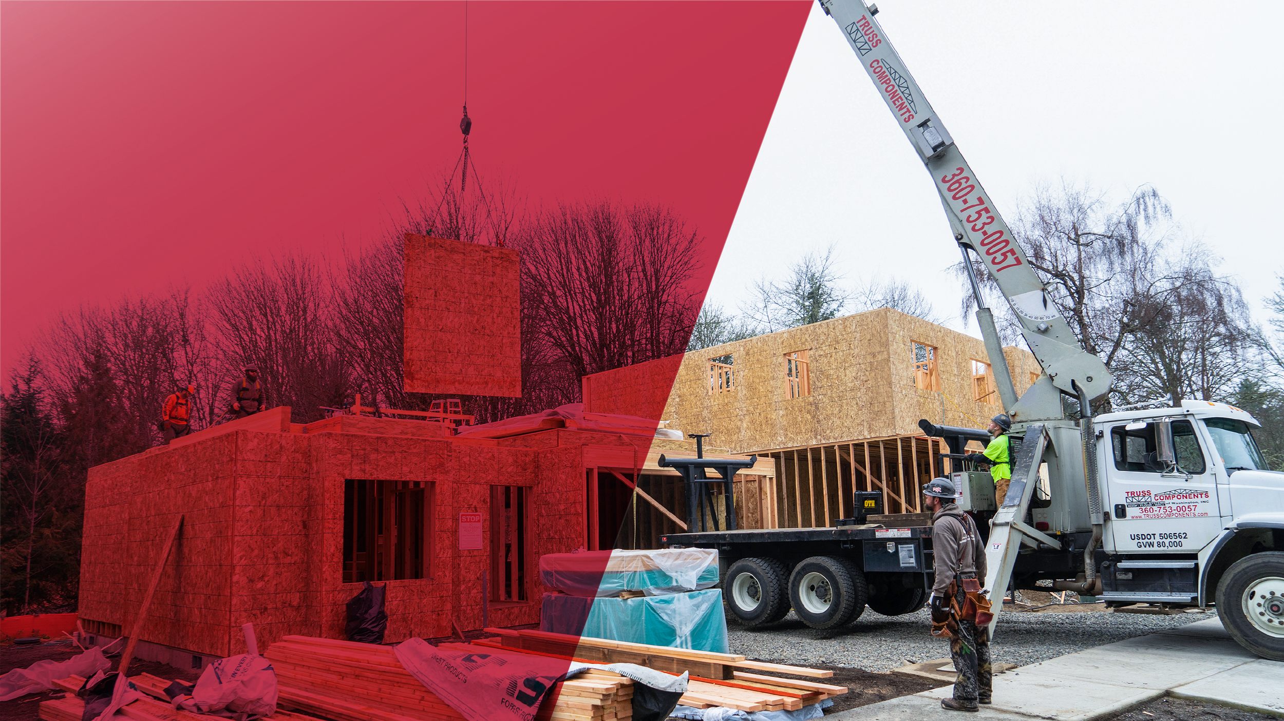Truss delivery on crane to new house build in Washington State