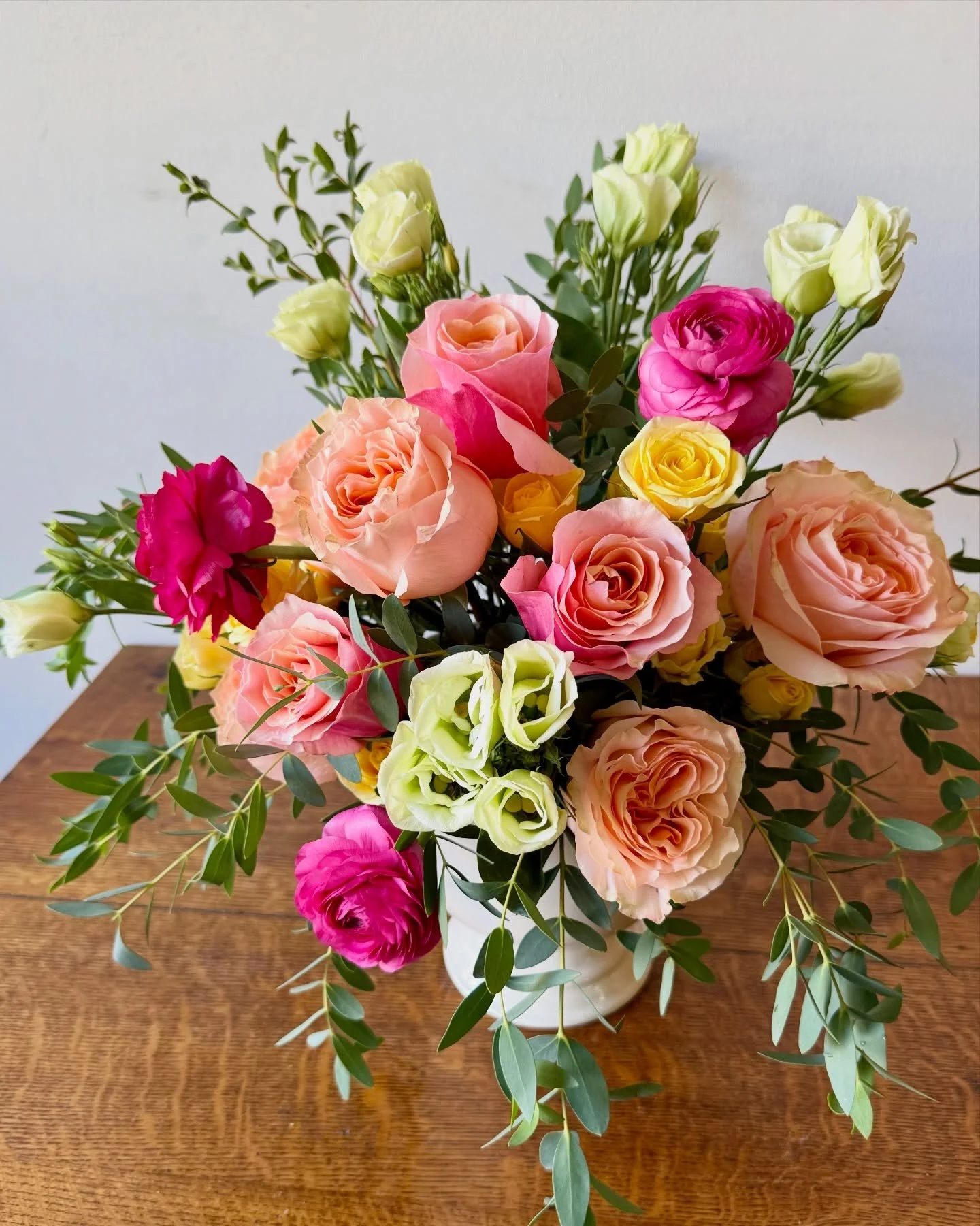 We just sent out this sweet rose, lisianthus, and ranunculus subscription arrangement, perfect for a hall entrance. 

We have hand-tied bouquet subscriptions on the website, but you can call us if you&rsquo;d like a recurring delivery tailored to you