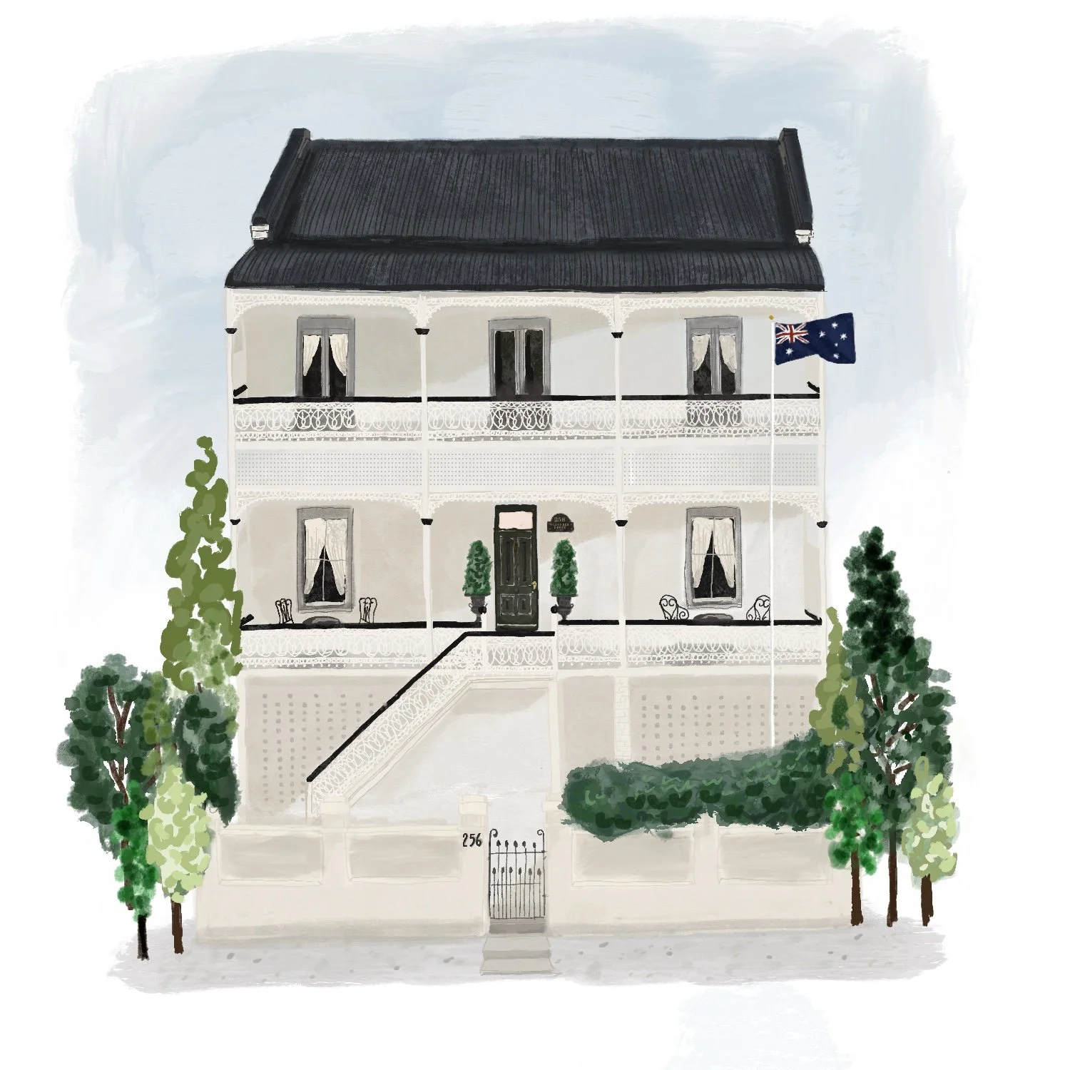 Watercolor illustration of a white, three-story Victorian house with black roof, front porch, and two potted plants flanking the black front door. There are four windows with curtains, one on each floor and two on the ground level. A blue Australian flag is on a pole on the right side, and surrounded by green trees and bushes. The house number 256 is on a fence gate at the front.