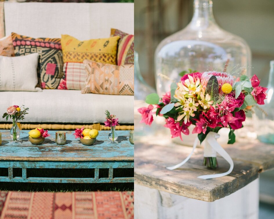 Florals of pink protea pink roses with couch in background. image name: wedding-florist-boise-542