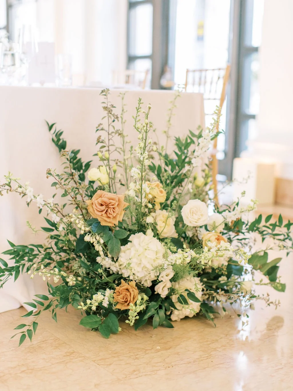 Reception hall white roses, pink roses, white hydrangeas, yellow roses San Francisco wedding. Image name: wedding-florist-boise-145
