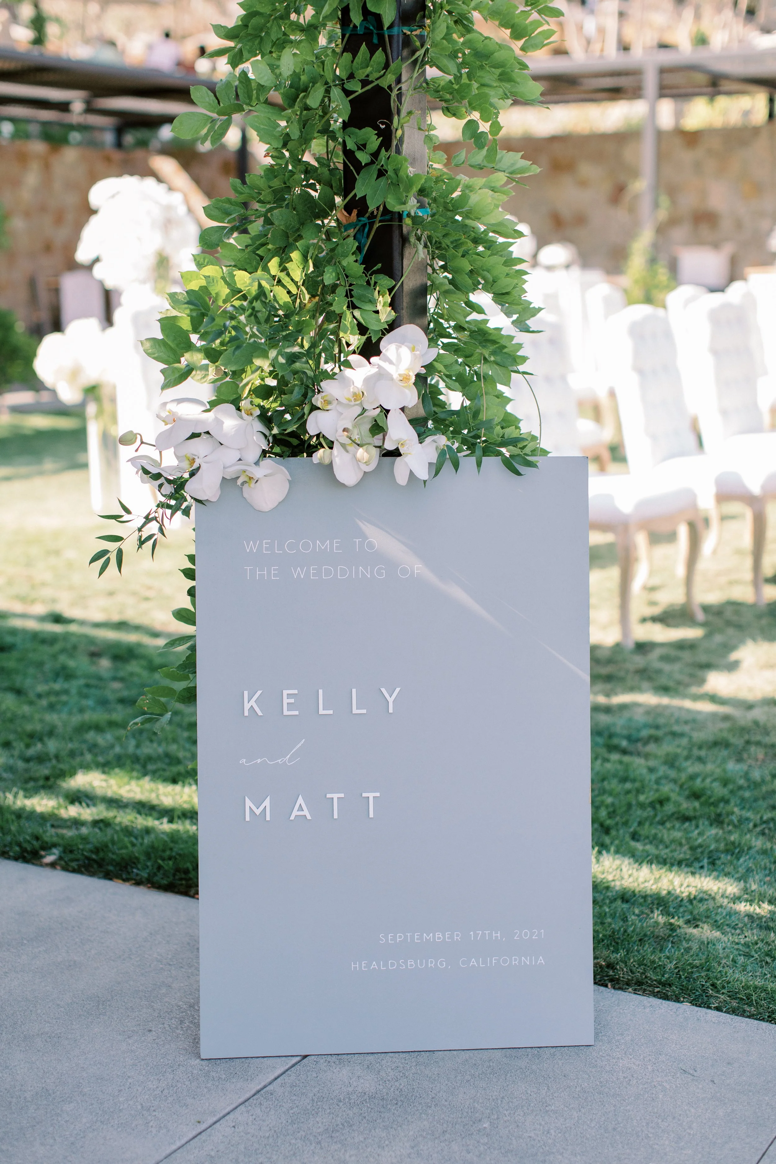 Wedding sign with white roses for San Francisco, CA wedding image name: wedding-florsit-428