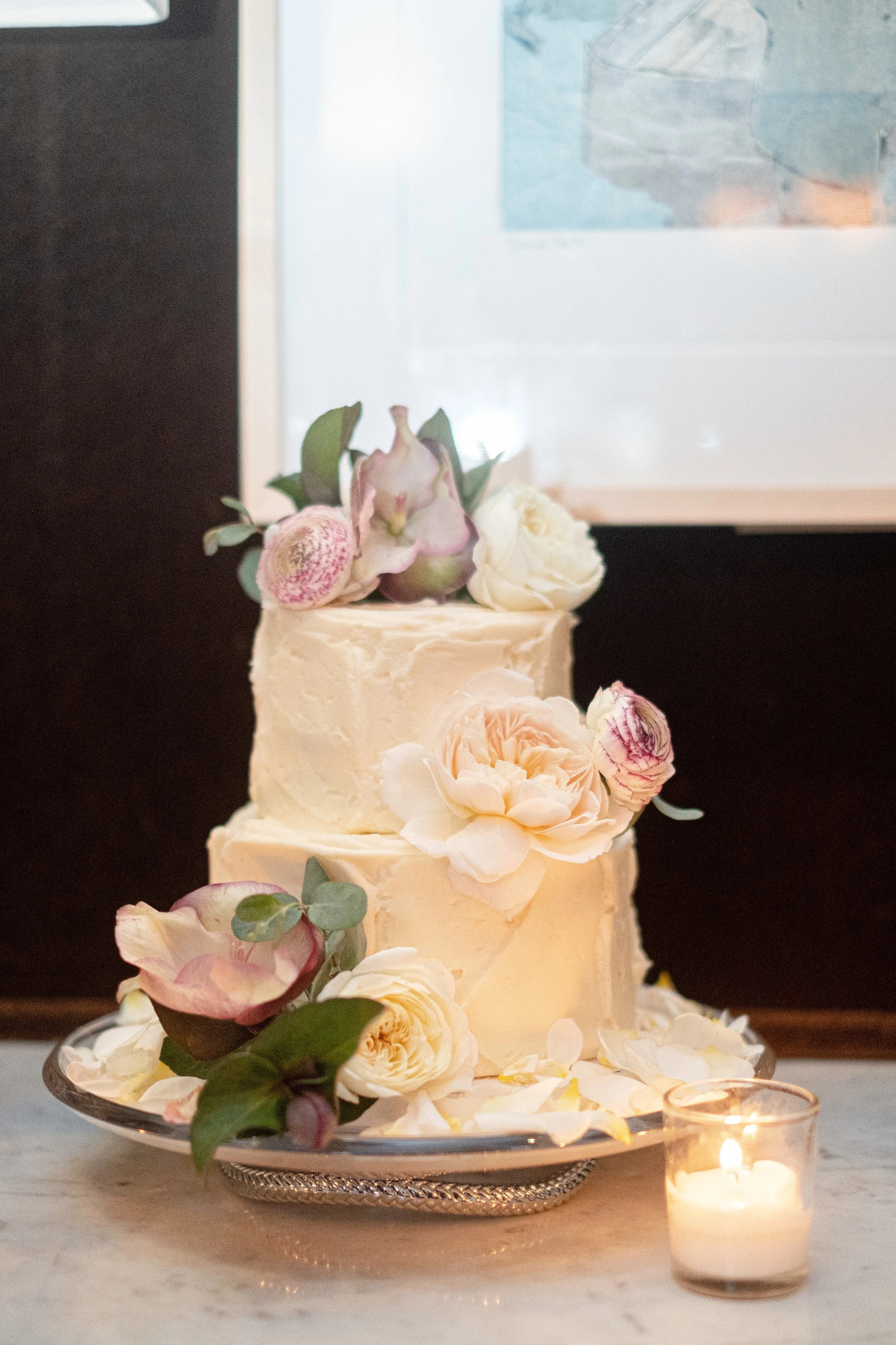 Wedding cake with peonies and blush roses image name: wedding-florist-boise-419