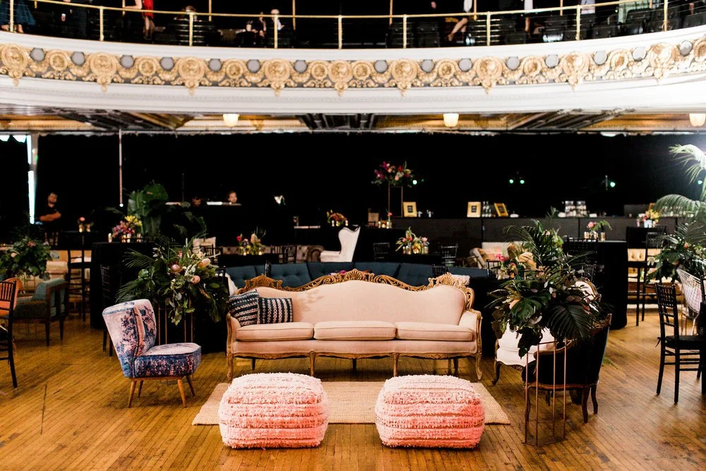 Pink couch sits for retro glam San Francisco, CA wedding image name: wedding-florist-boise-617