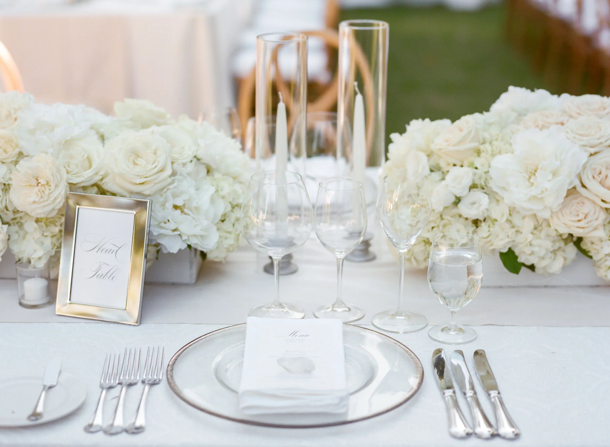 Wedding reception table with white roses San Francisco, CA image name: wedding-florist-boise-646