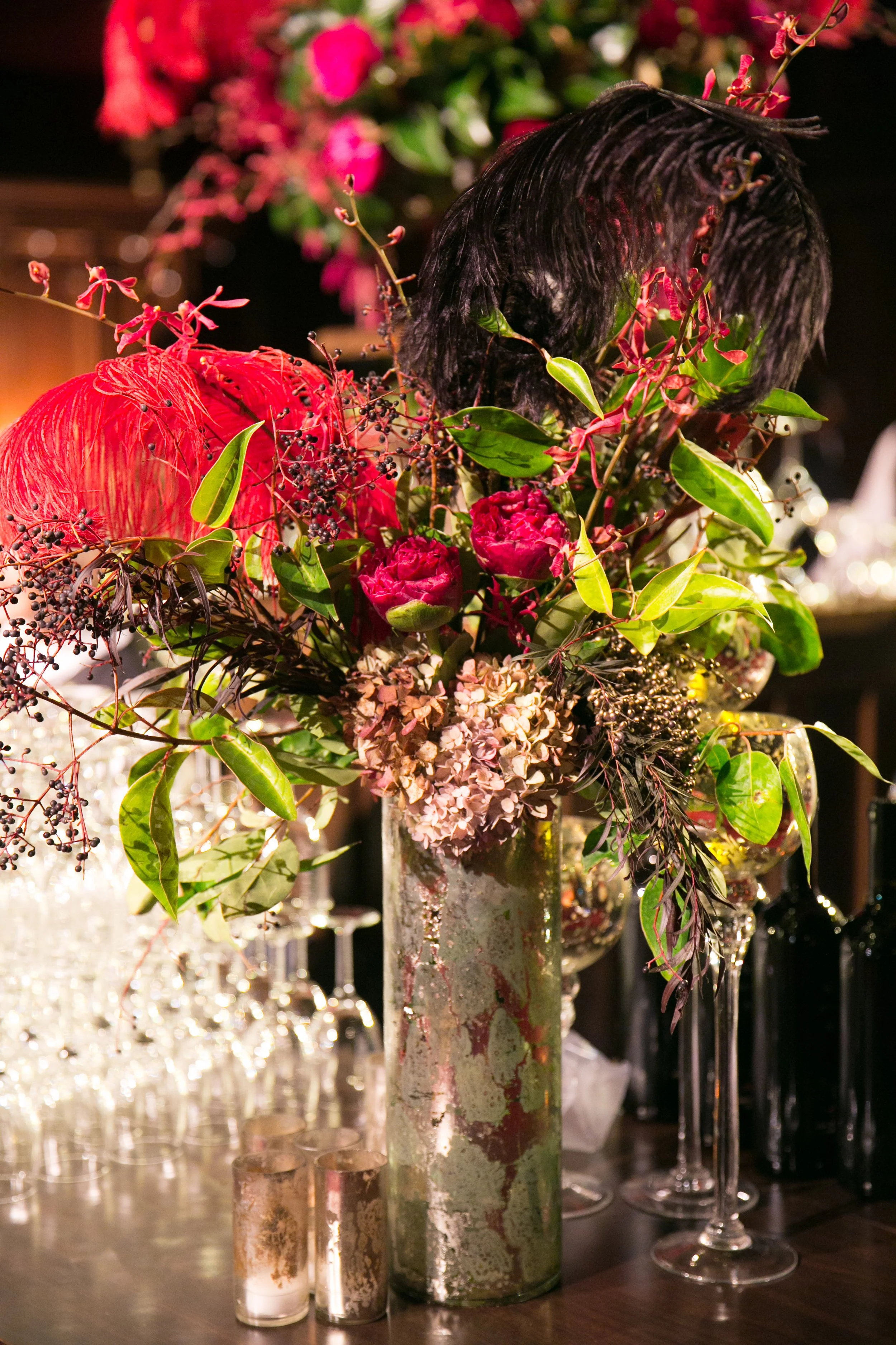 Floral arrangement red roses masquerade ball corporate event San Francisco CA image name: corporate-florist-36