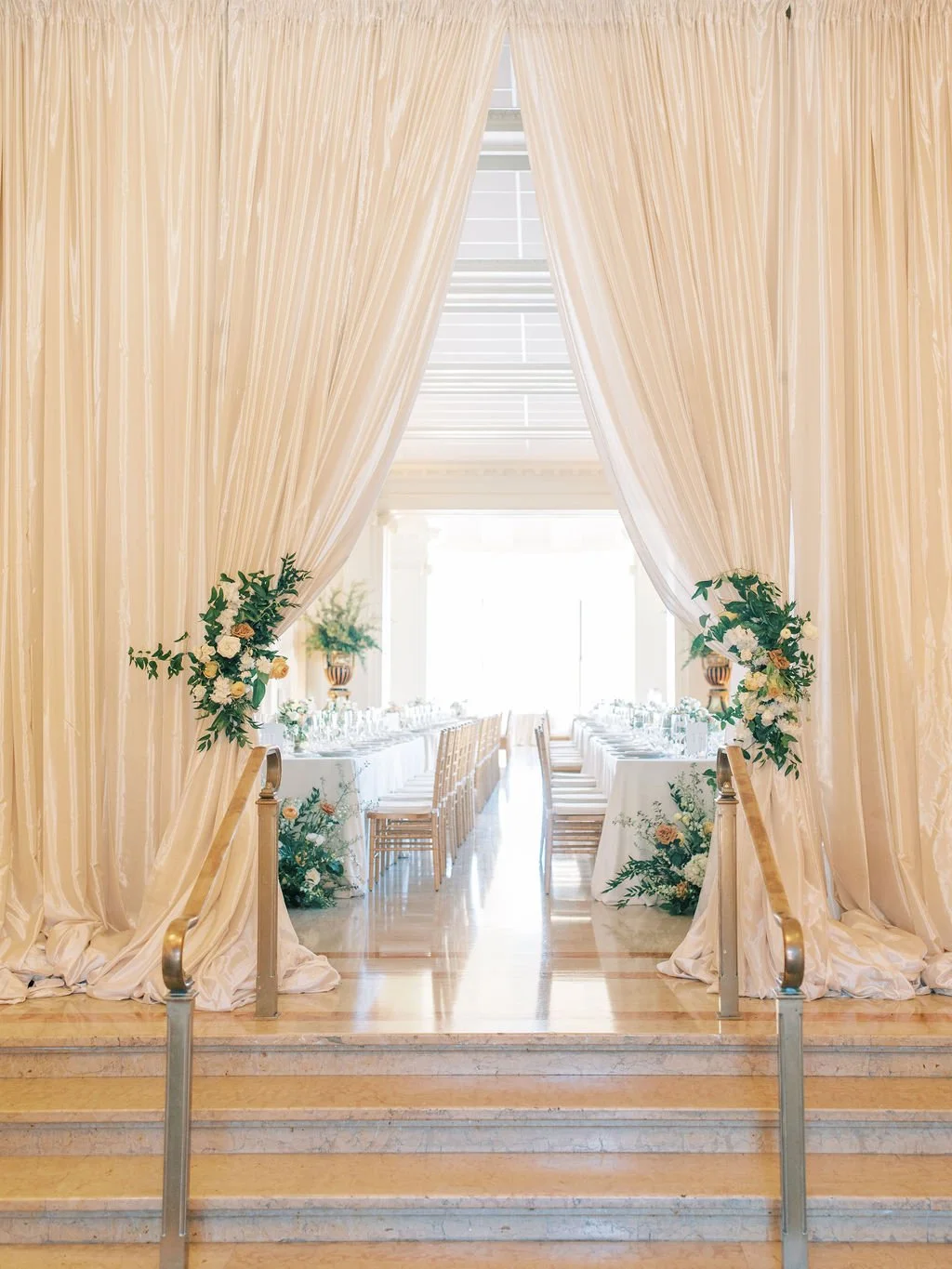 Two sprays of white roses, yellow rose San Francisco California wedding. Image name: wedding-florist-boise-143