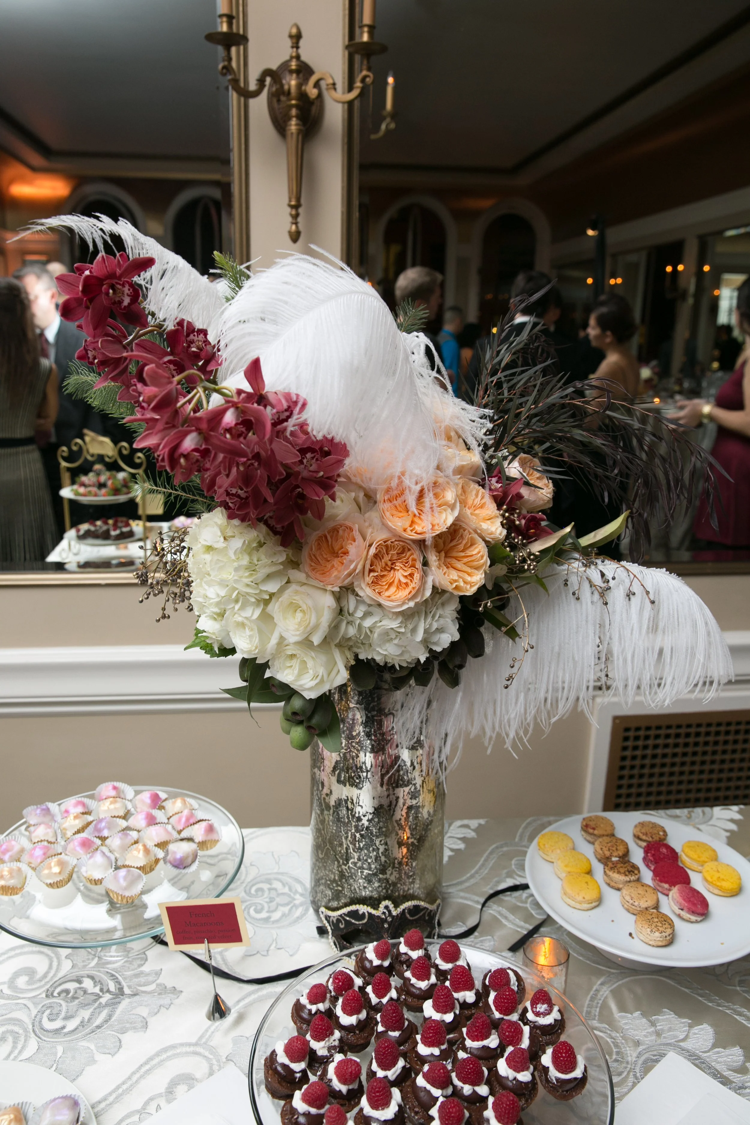 White hydrangeas white roses pink roses dessert bar masquerade ball San Francisco image name: corporate-florist-boise-49