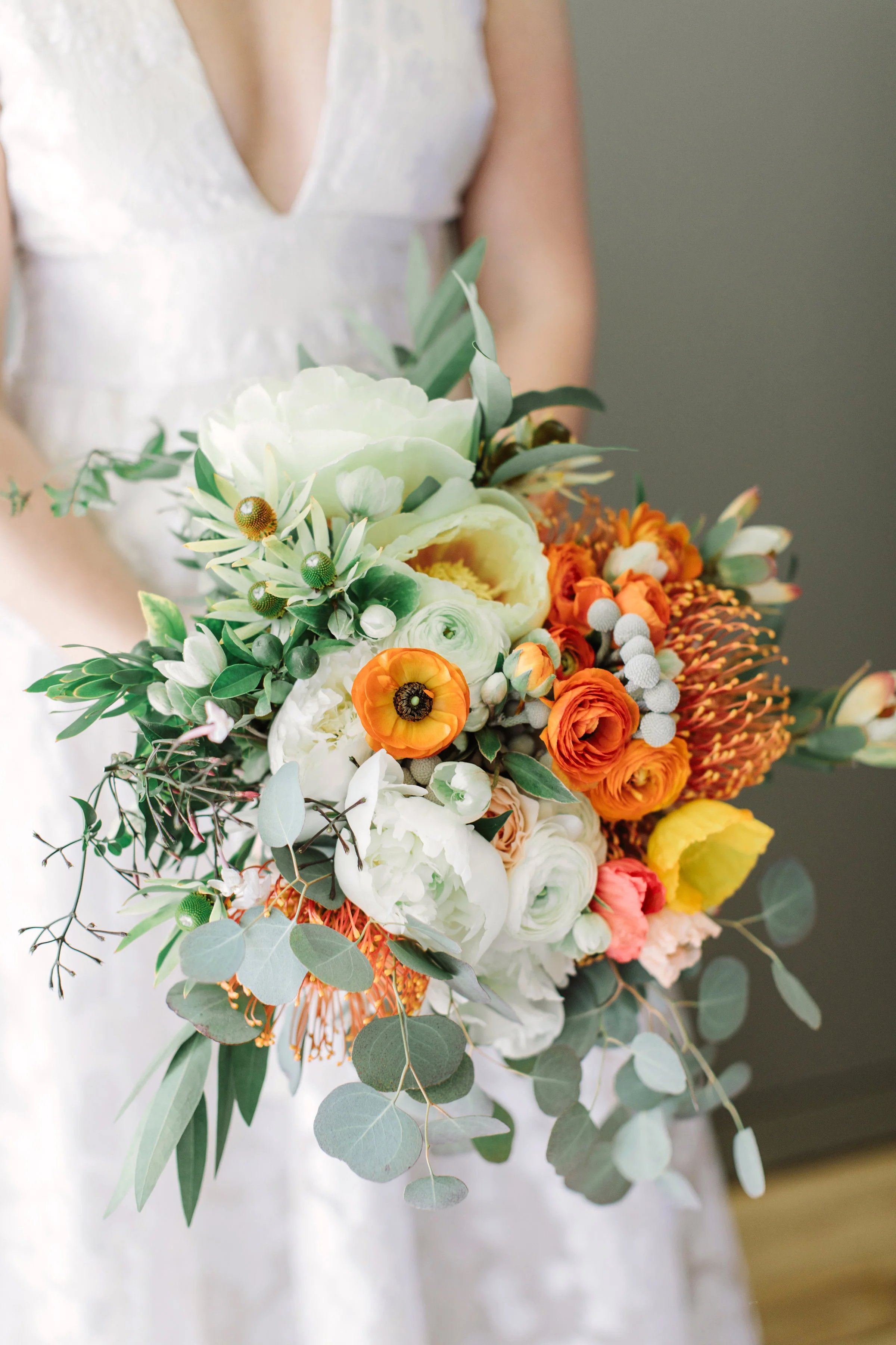 Bridal bouquet with poppies white roses protea eucalyptus leaves for Sonoma wedding image name: wedding-florist-boise-788