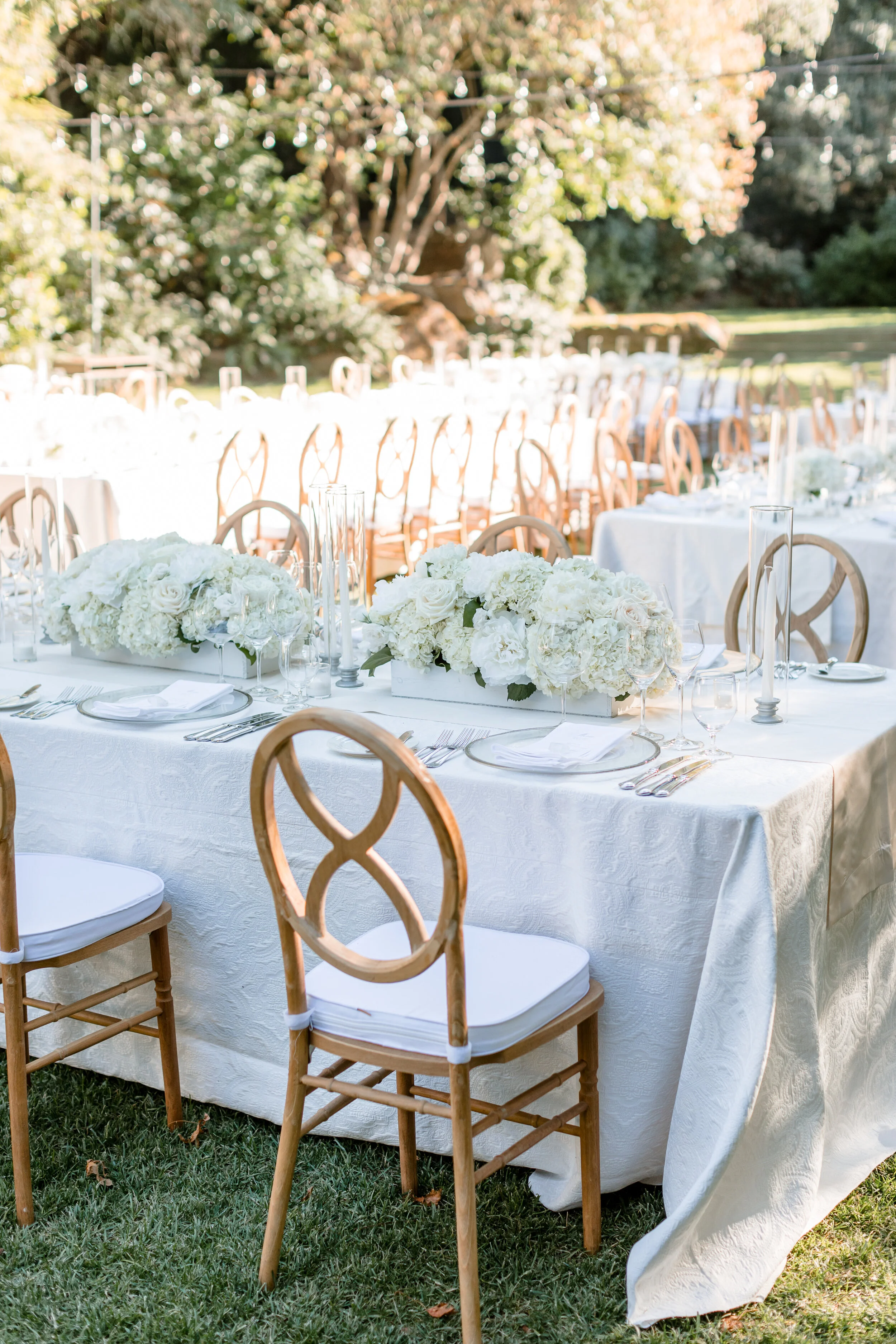Outdoor reception with white roses white hydrangeas white peonies arrangments on table image name: wedding-florist-boise-631