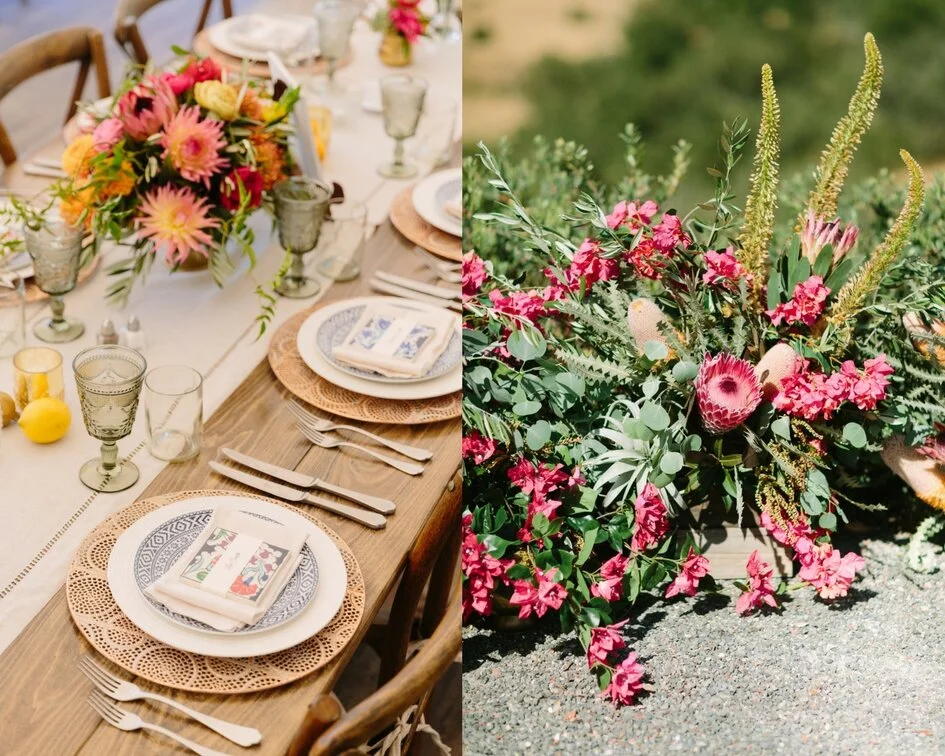 Reception area florals yellow dahlia, pink protea, pink roses, pink peonies image name: wedding-florist-boise-541