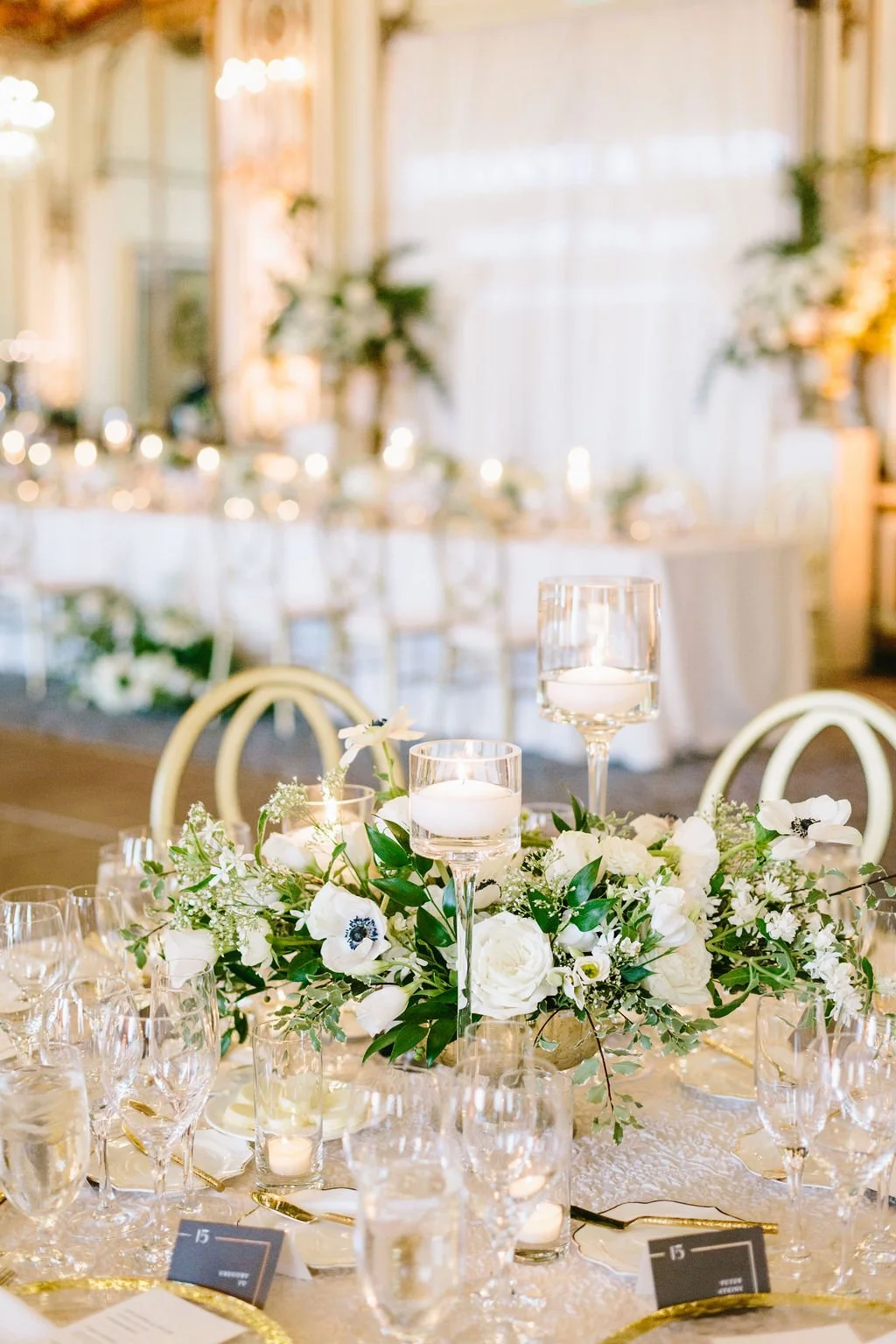Floral arrangement white anemones, roses baby's breath San Francisco wedding. Image name: wedding-florist-boise-63