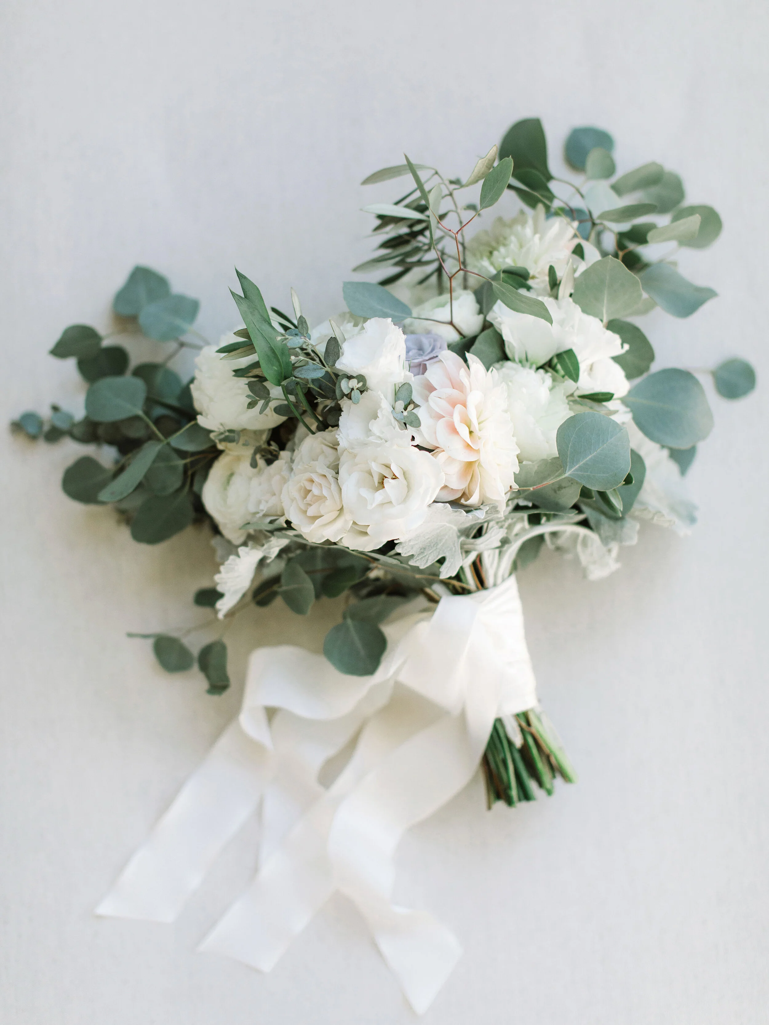 Bouquet of whtie roses with eucalyptus leaves Sonoma County wedding image name: wedding-florist-boise-765