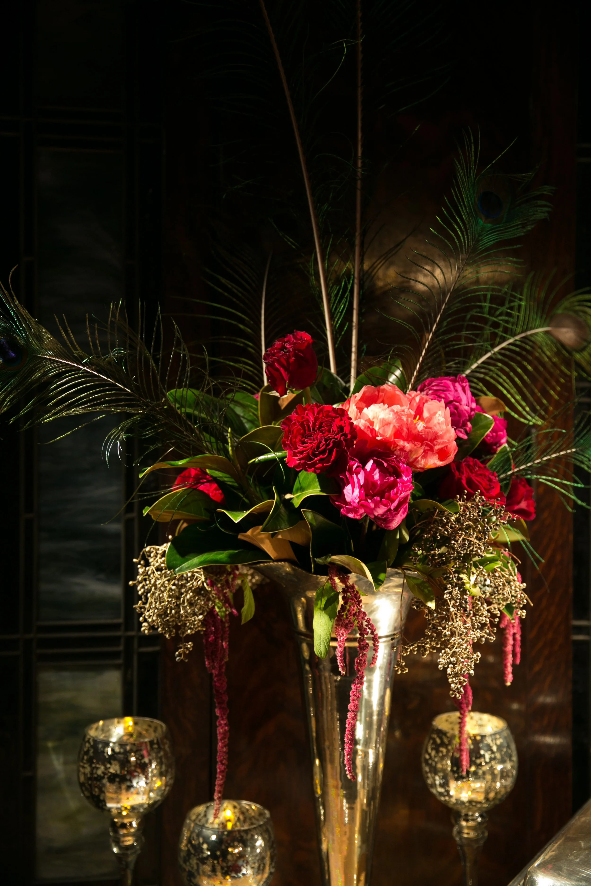 Pink rose red roses peonies arrangement gold vase masquerade ball San Francisco image name: corporate-florist-boise-39