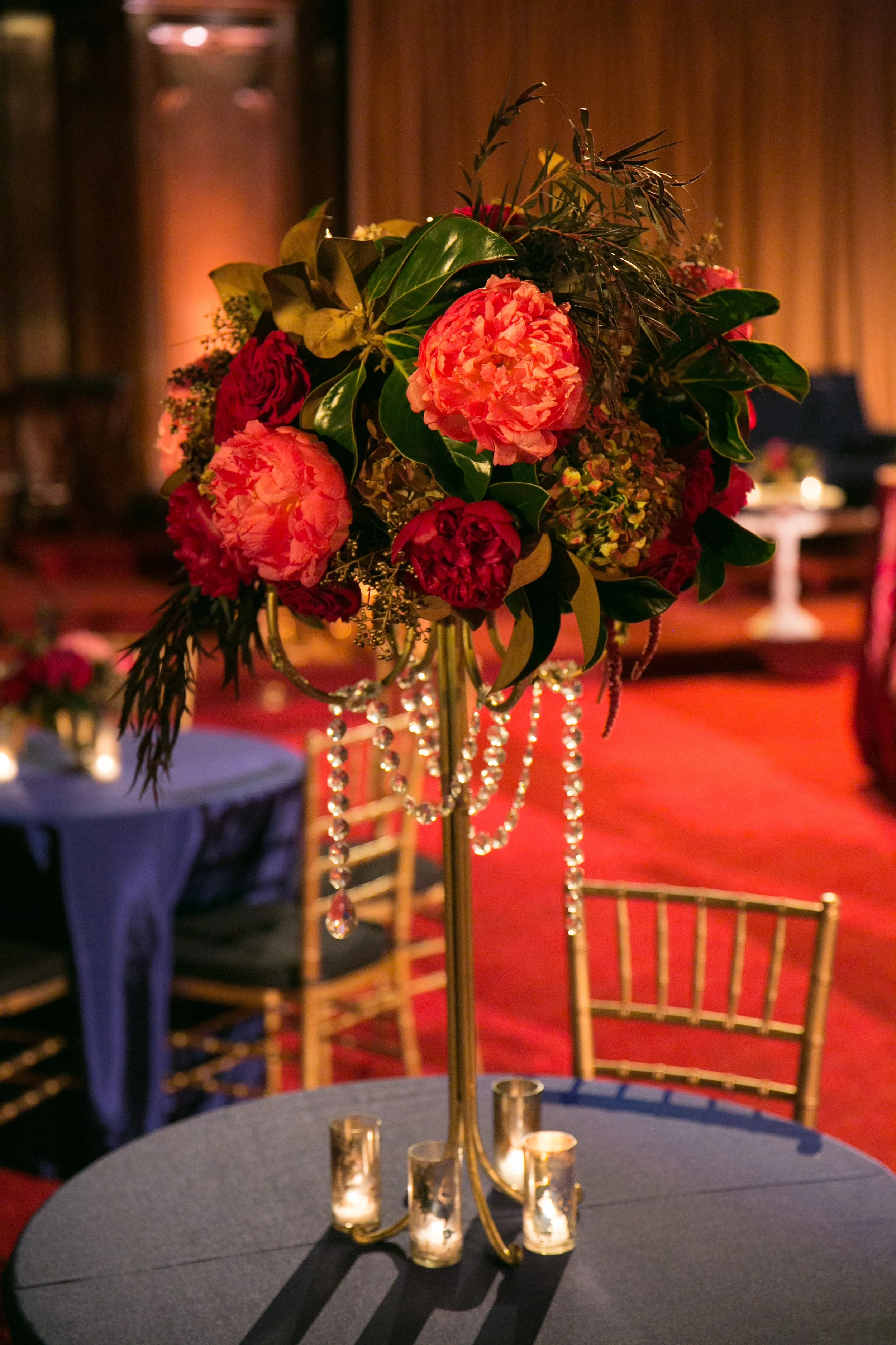 Pink peonies red peonies centerpiece masquerade ball San Francisco image name: corporate-florist-boise-43