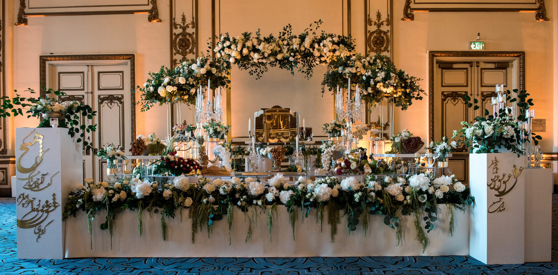 Reception area covered in white roses white anemone San Francisco, CA image name: wedding-florist-boise-386