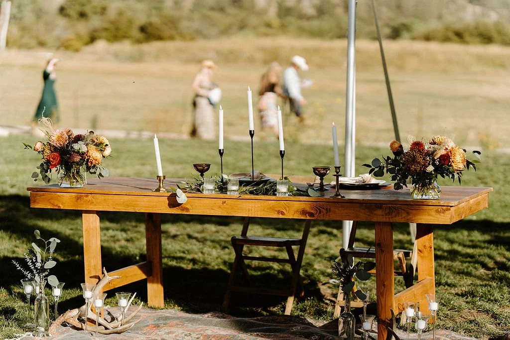boho sweetheart rustic wedding table with black candle holders greenery  image name: wedding-florist-boise-856