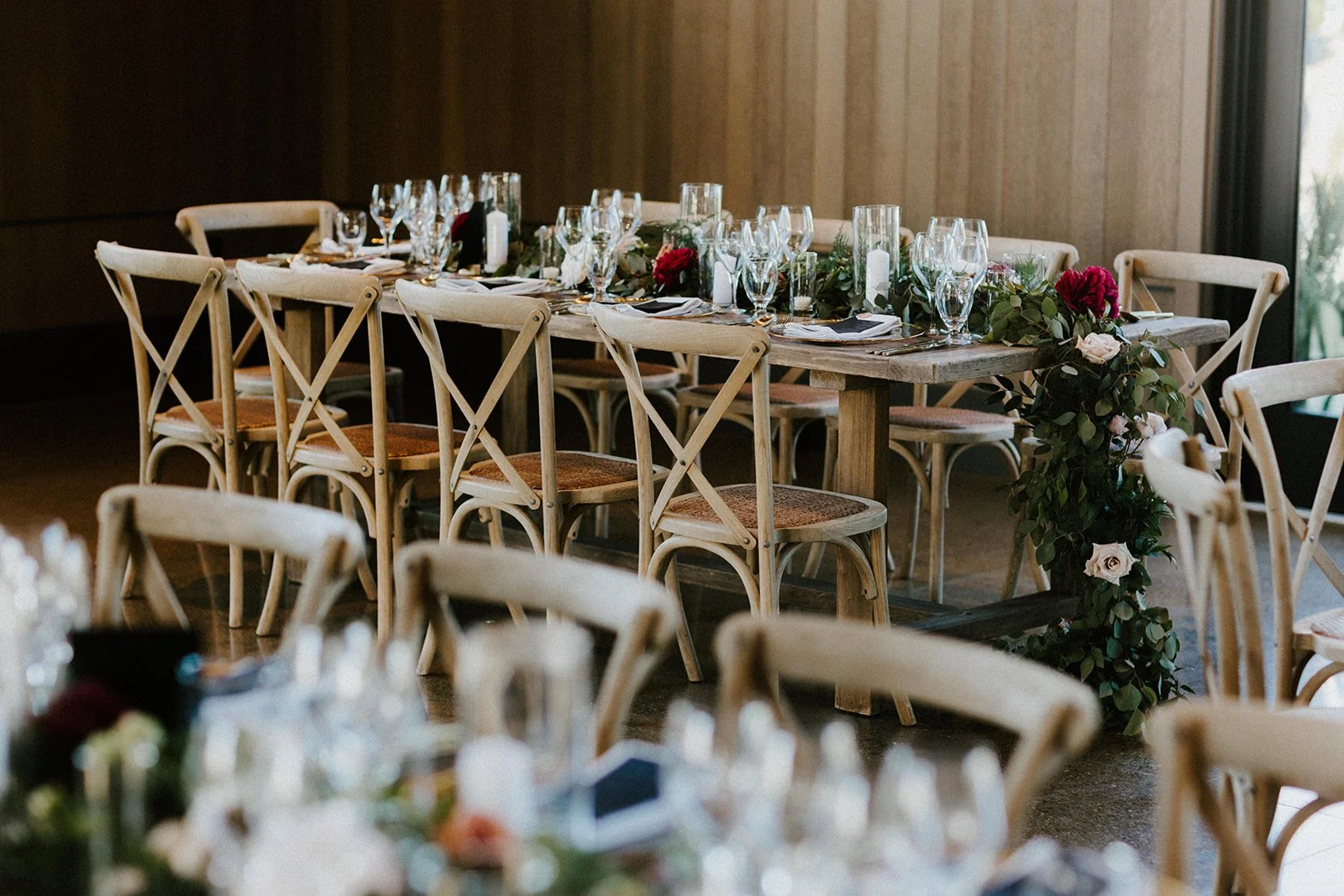 Table set up with white roses image name: wedding-florist-boise-199