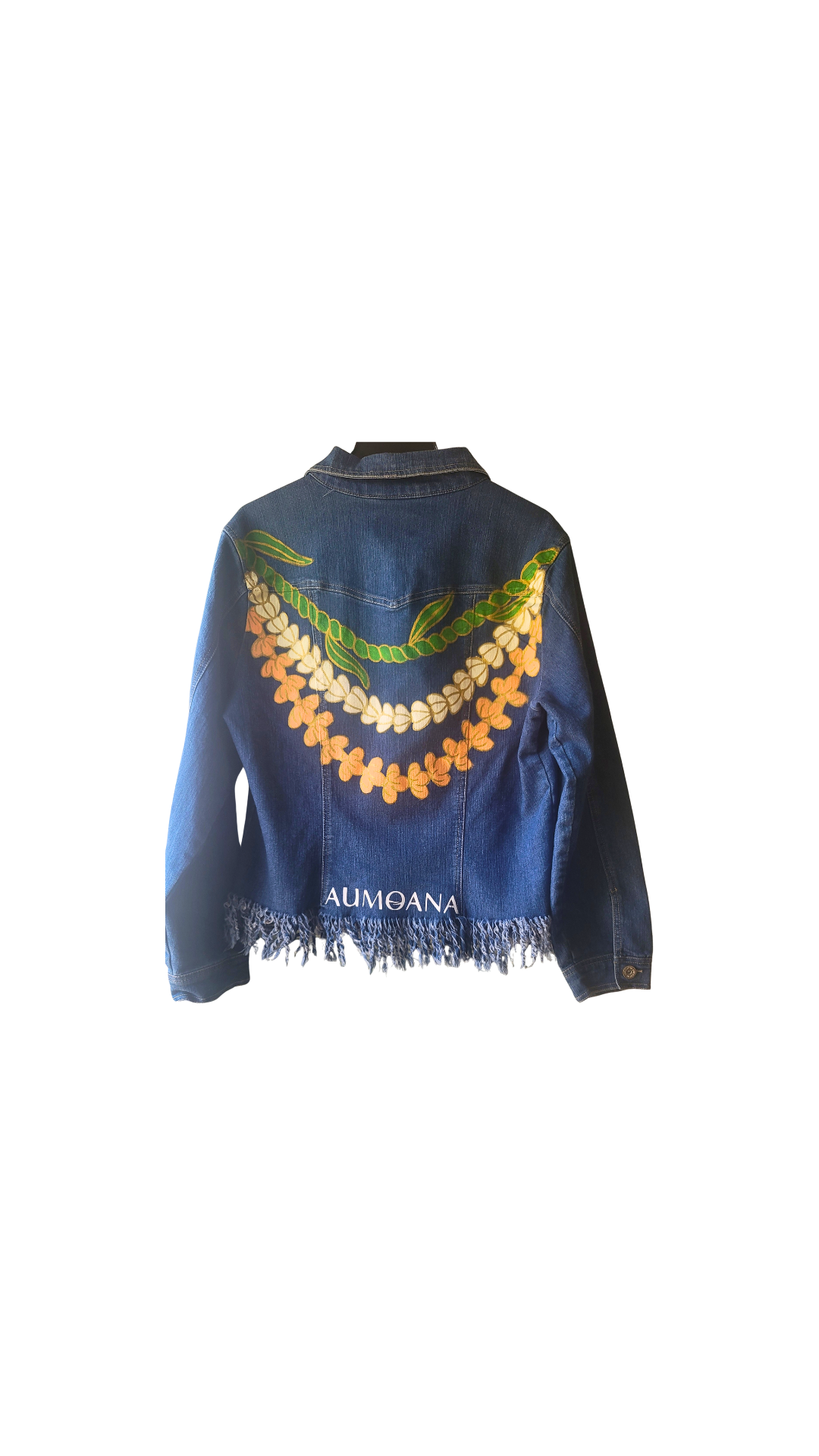 Triple Lei-Fringed Denim Jacket Lei La'i, Pikake, and Puakenikeni