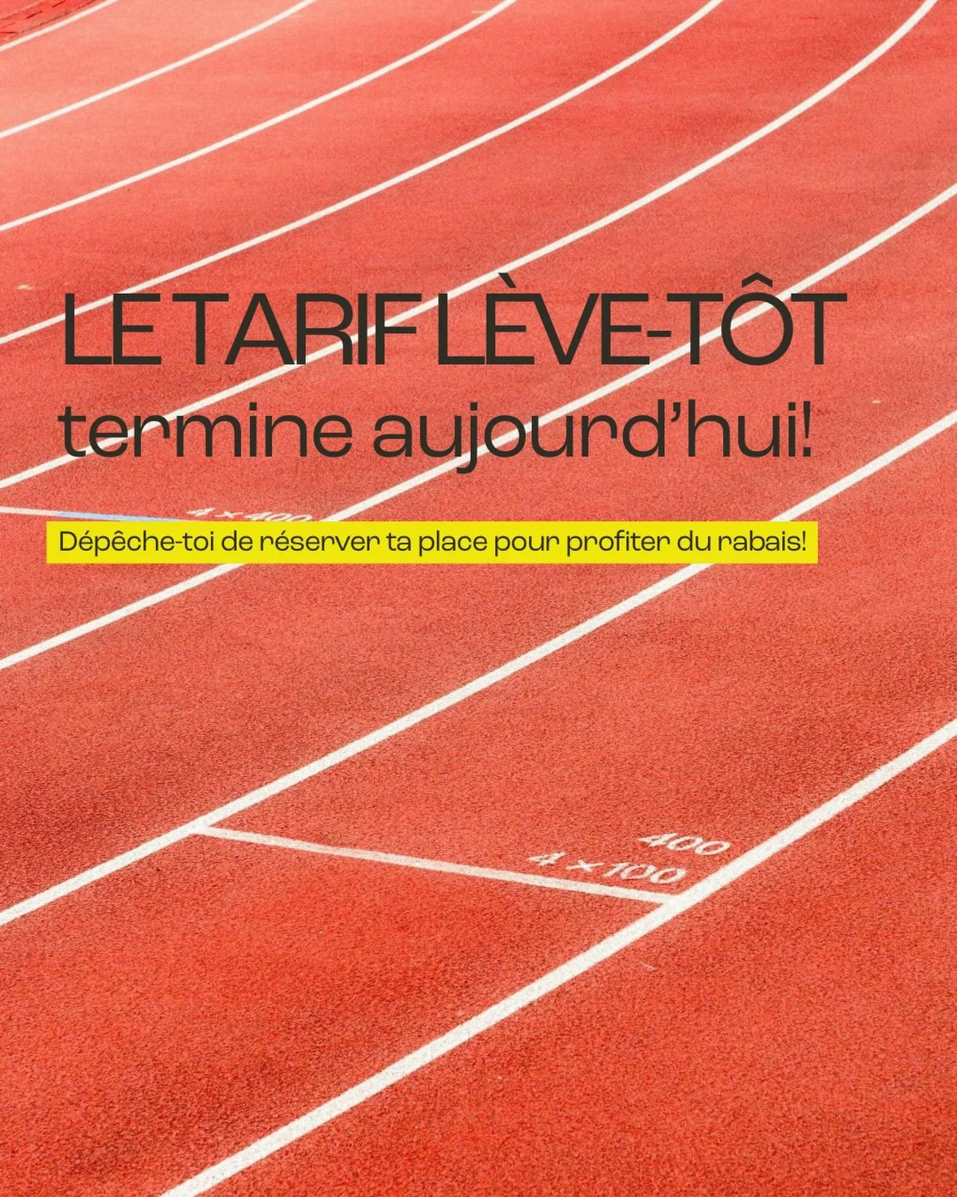 YOUP YOUP YOUP!! ⏰

C&rsquo;est la derni&egrave;re journ&eacute;e pour profiter du tarif l&egrave;ve-t&ocirc;t  pour les cours de groupe de la session du printemps 🏃🌱

D&eacute;bute ta progression d&egrave;s maintenant en rejoignant nos cours de gr