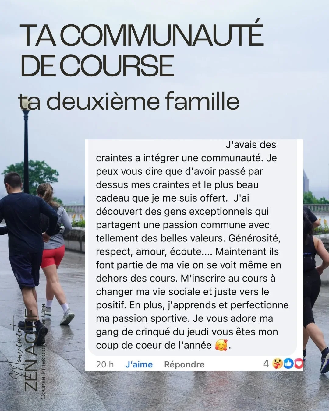 La communaut&eacute; de course est juste INCROYABLE. 

C&rsquo;est fou les amiti&eacute;s qu&rsquo;on se cr&eacute;e &agrave; travers les cours de groupe, les &eacute;v&eacute;nements sportifs et j&rsquo;en passe. La course est un sport qui rassemble