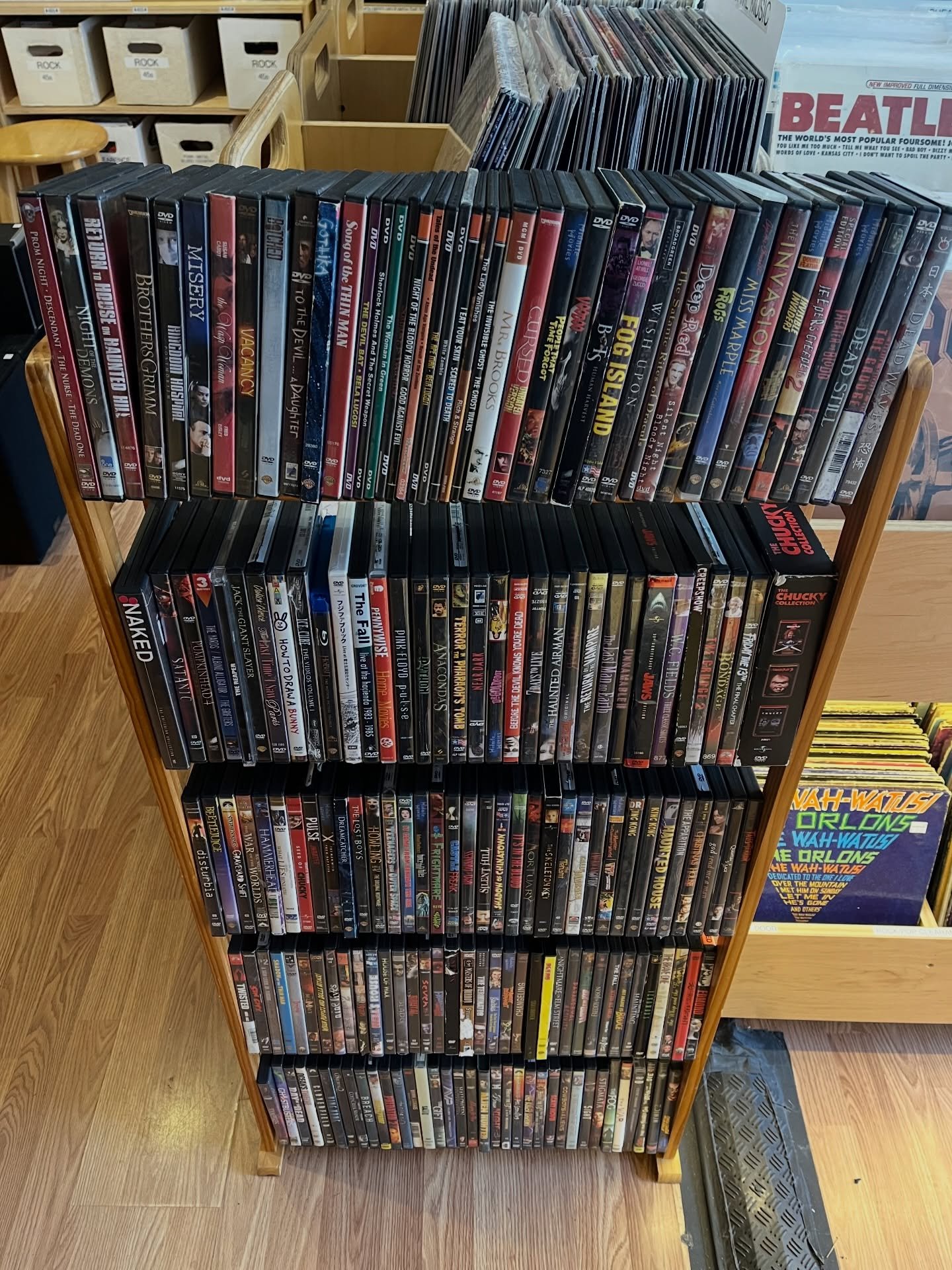 Put out a healthy collection of horror DVDs out now 🍎 Some great titles in here all priced to move. Also a quick lighting upgrade to our new VHS shelf and a few restocks out now ⚡️ 

Come check us out. Buying and selling records, CDs, tapes and more