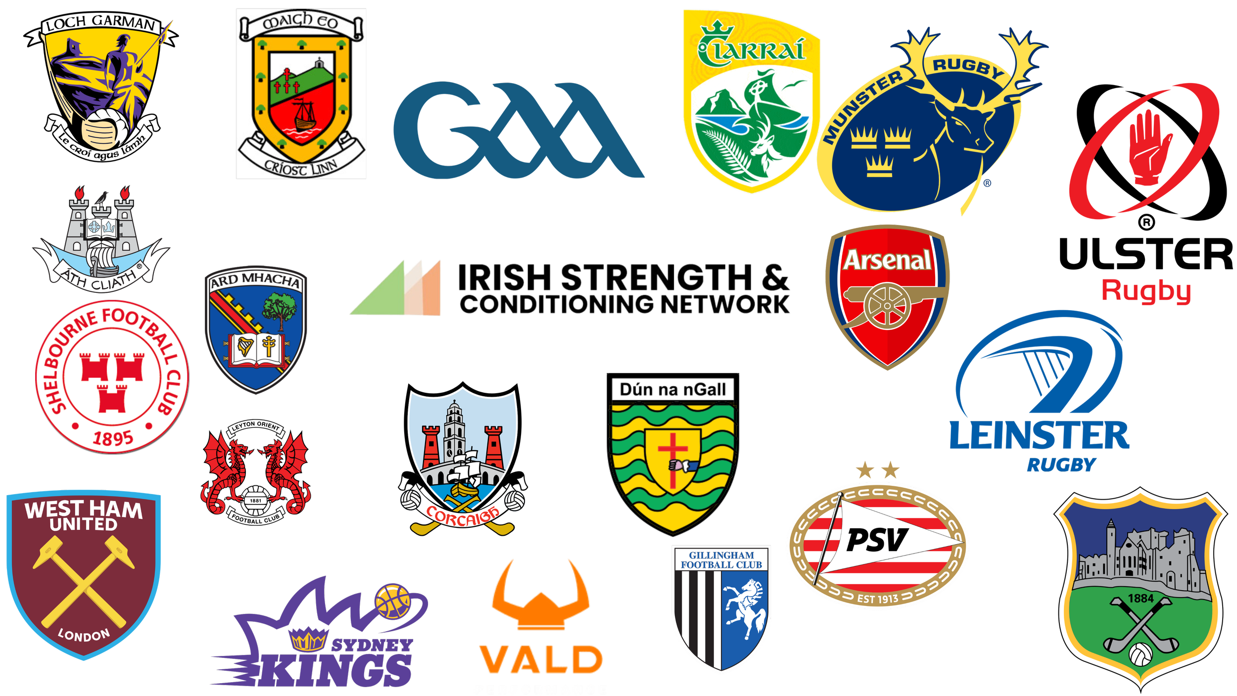 Collage of various sports team and organization logos, mostly Irish and rugby clubs, including logos for Loch Garman, Crioch Linn, Carrar, Munster Rugby, Connacht, Ireland Strength & Conditioning Network, Arsenal, Rugby, Leinster Rugby, Sheffield Football Club, West Ham United, Sydney Kings, Vald, Gillingham Football Club, PSV Eindhoven, and others.