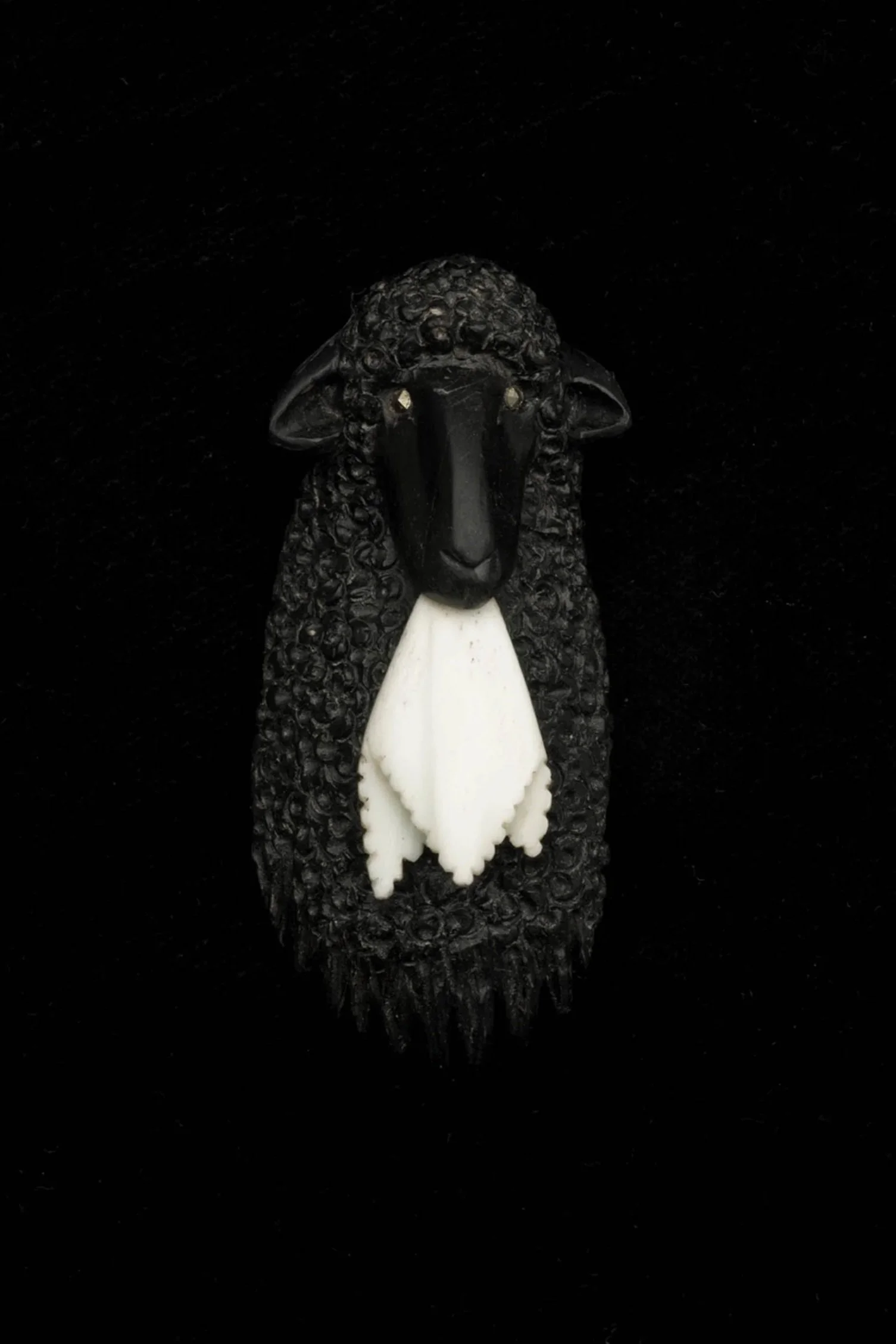 Weepy sheep. Ebony, bone sterling silver, marcasite, 2024