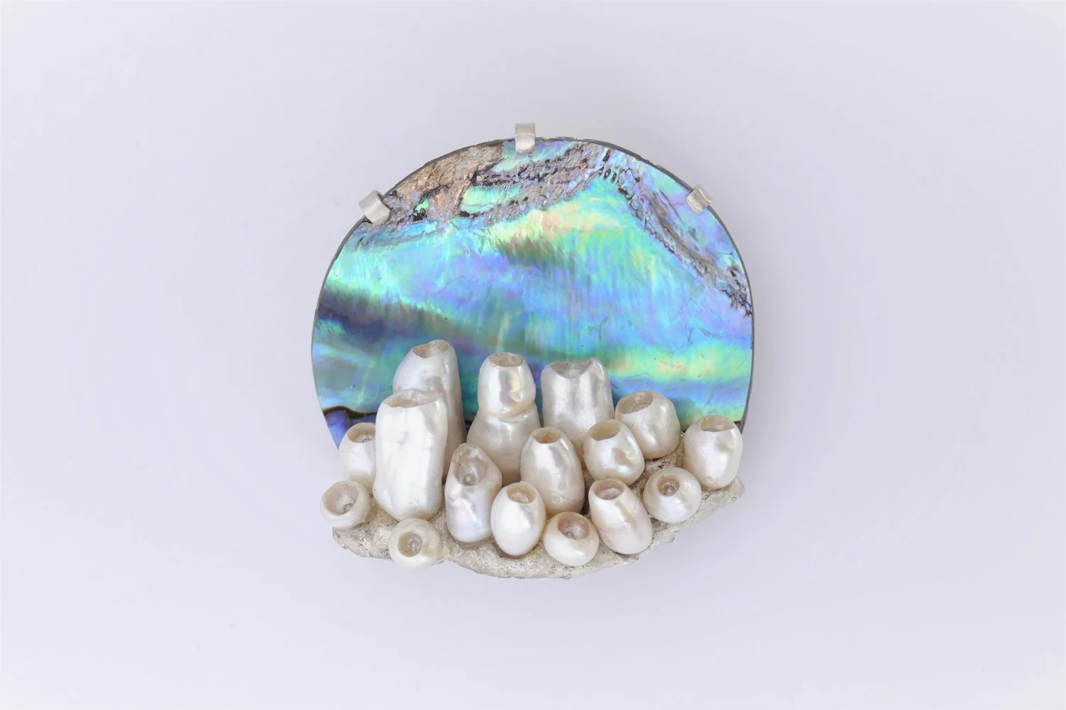Bubble 2.  Paua shell, Freshwater pearls, sterling silver,  2021.