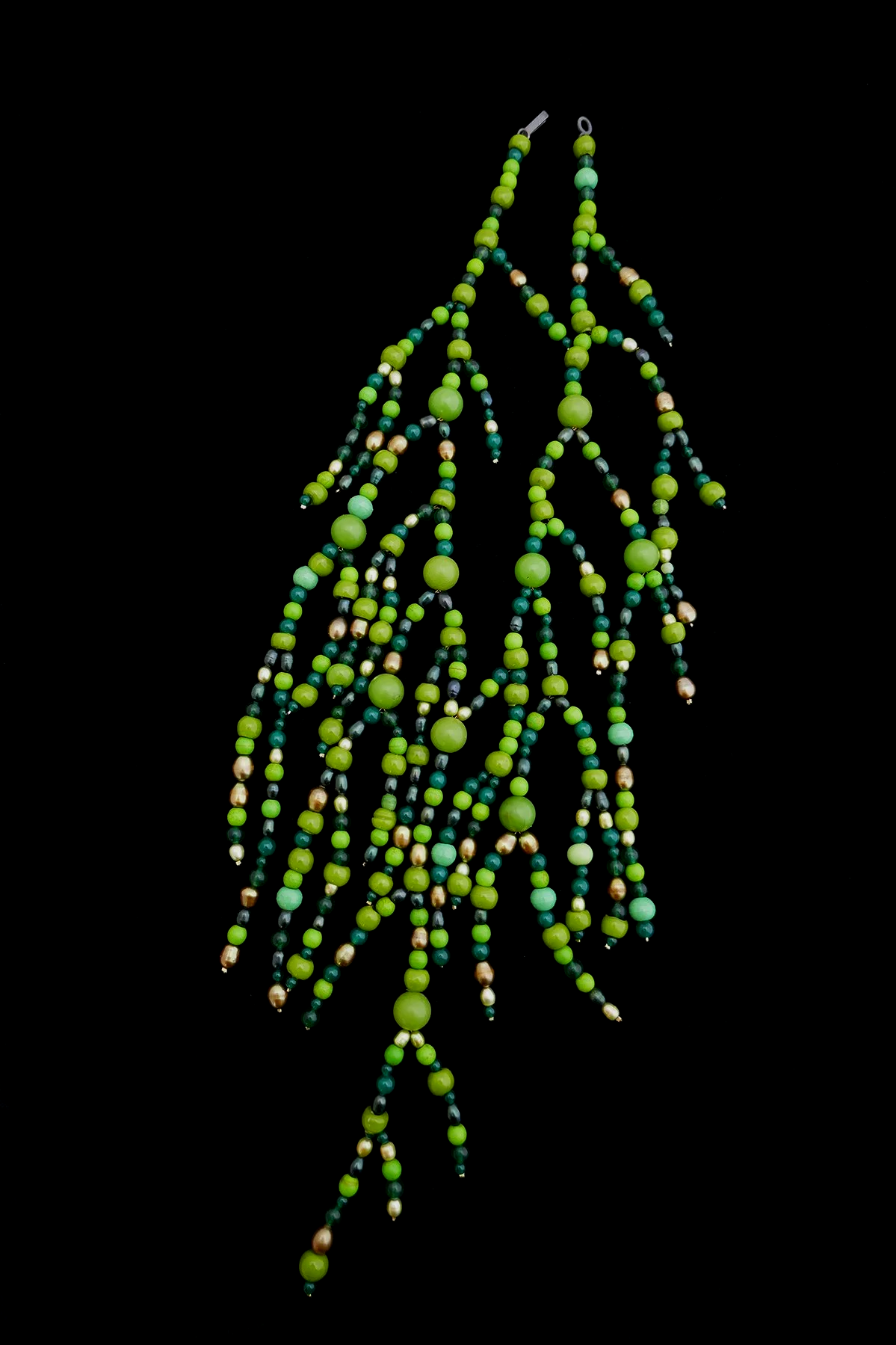 Pacific Mardi Gras. Jade, ceramic, pearl, glass, sterling silver, 18ct gold. 2022