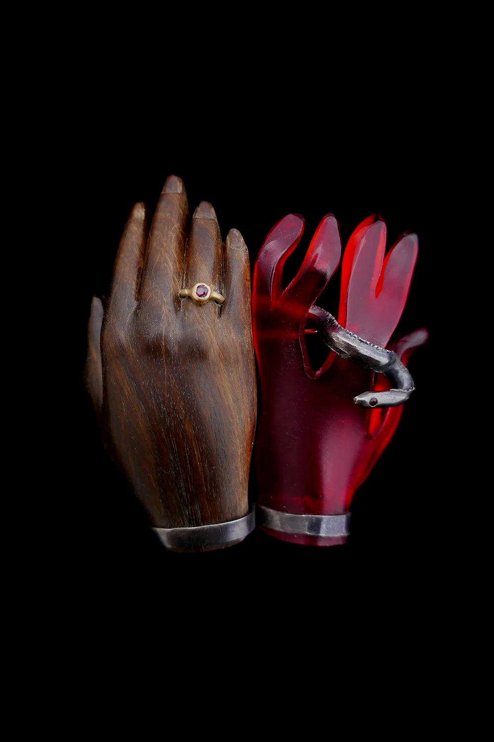 Coincidence. Lignum vitae, acrylic, sterling silver, 18ct, garnet, ruby. 2022