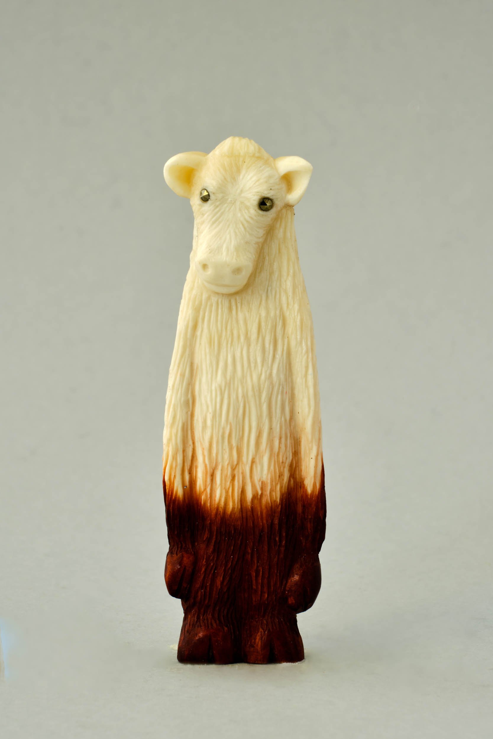 
Bobby calf.  Bone, sterling silver, dye, marcasite, 2025
