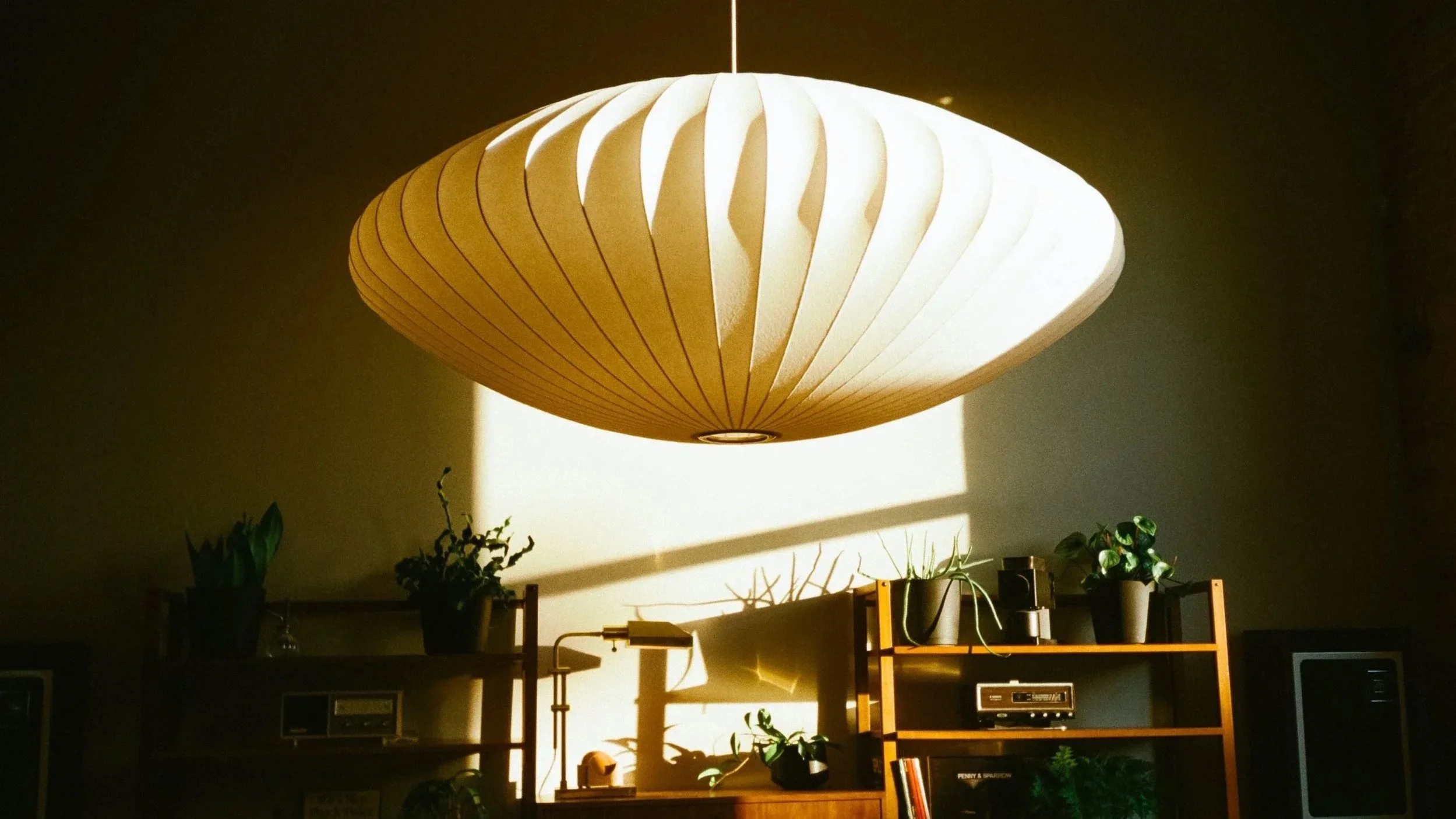 A large, modern, white pendant ceiling light casting shadows on the wall behind it. Below, wooden shelves hold various potted plants, books, and decorative items in a cozy room.
