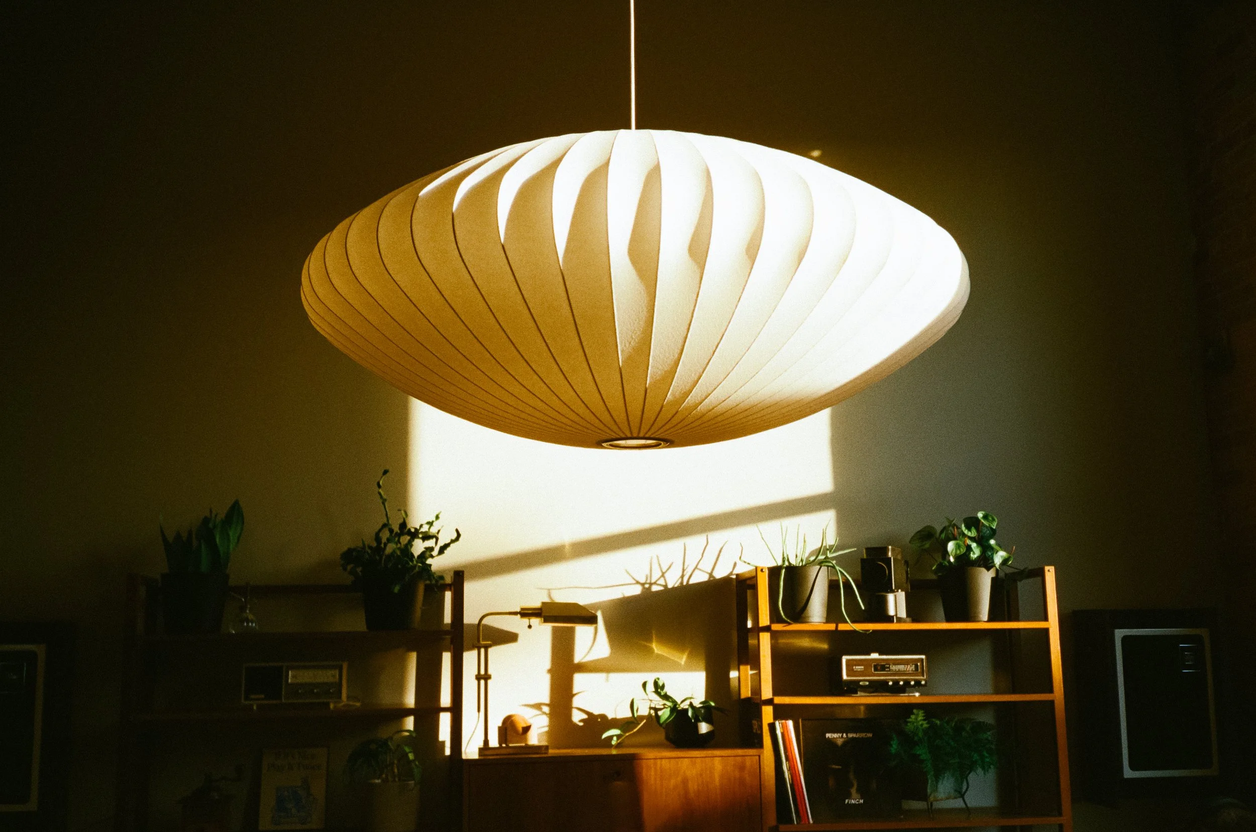 A large, modern, white pendant ceiling light casting shadows on the wall behind it. Below, wooden shelves hold various potted plants, books, and decorative items in a cozy room.