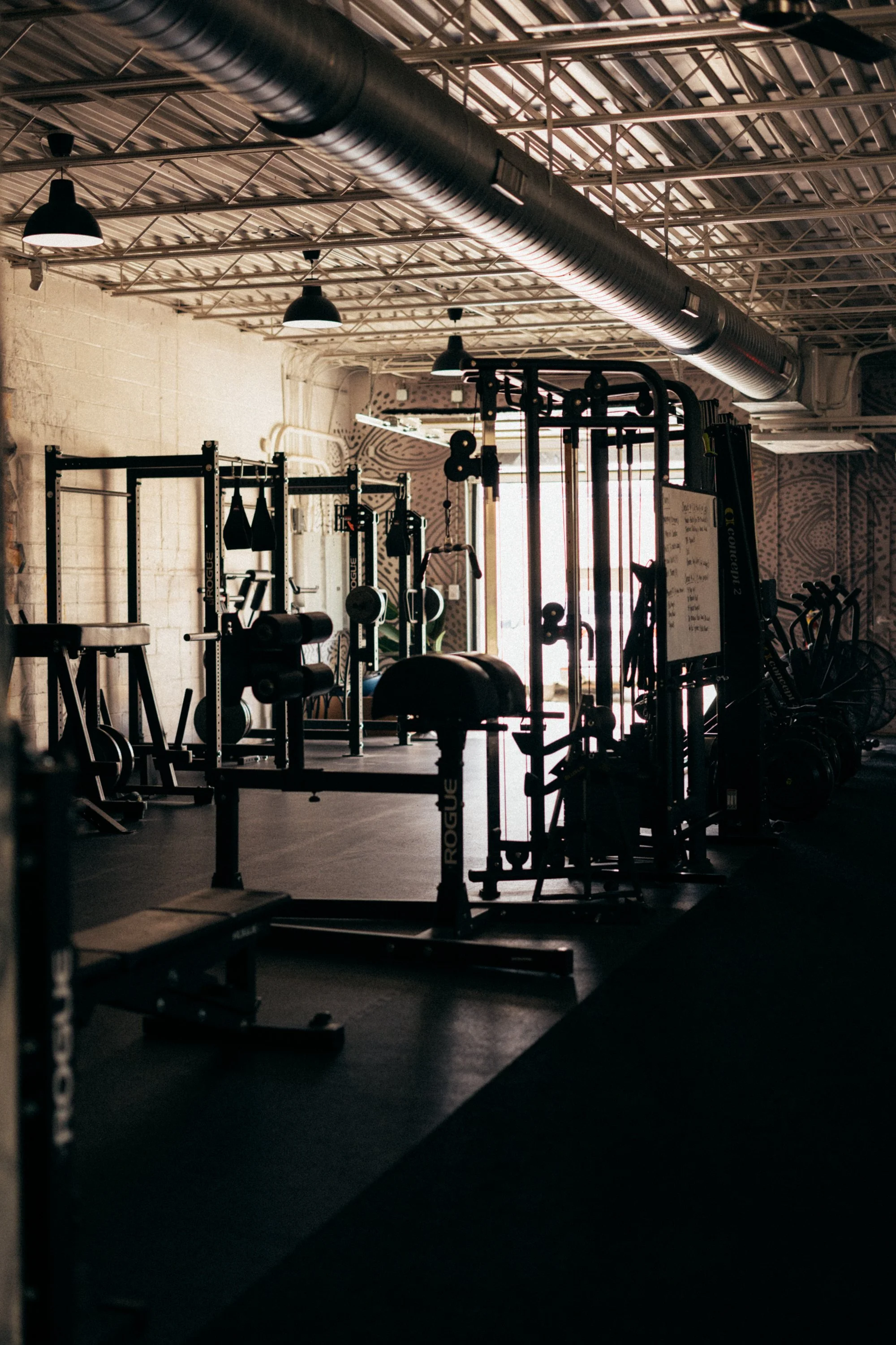 Inside a dimly lit gym with various workout equipment, including weight racks, machines, and exercise benches, illuminated by natural light coming from windows at the back.