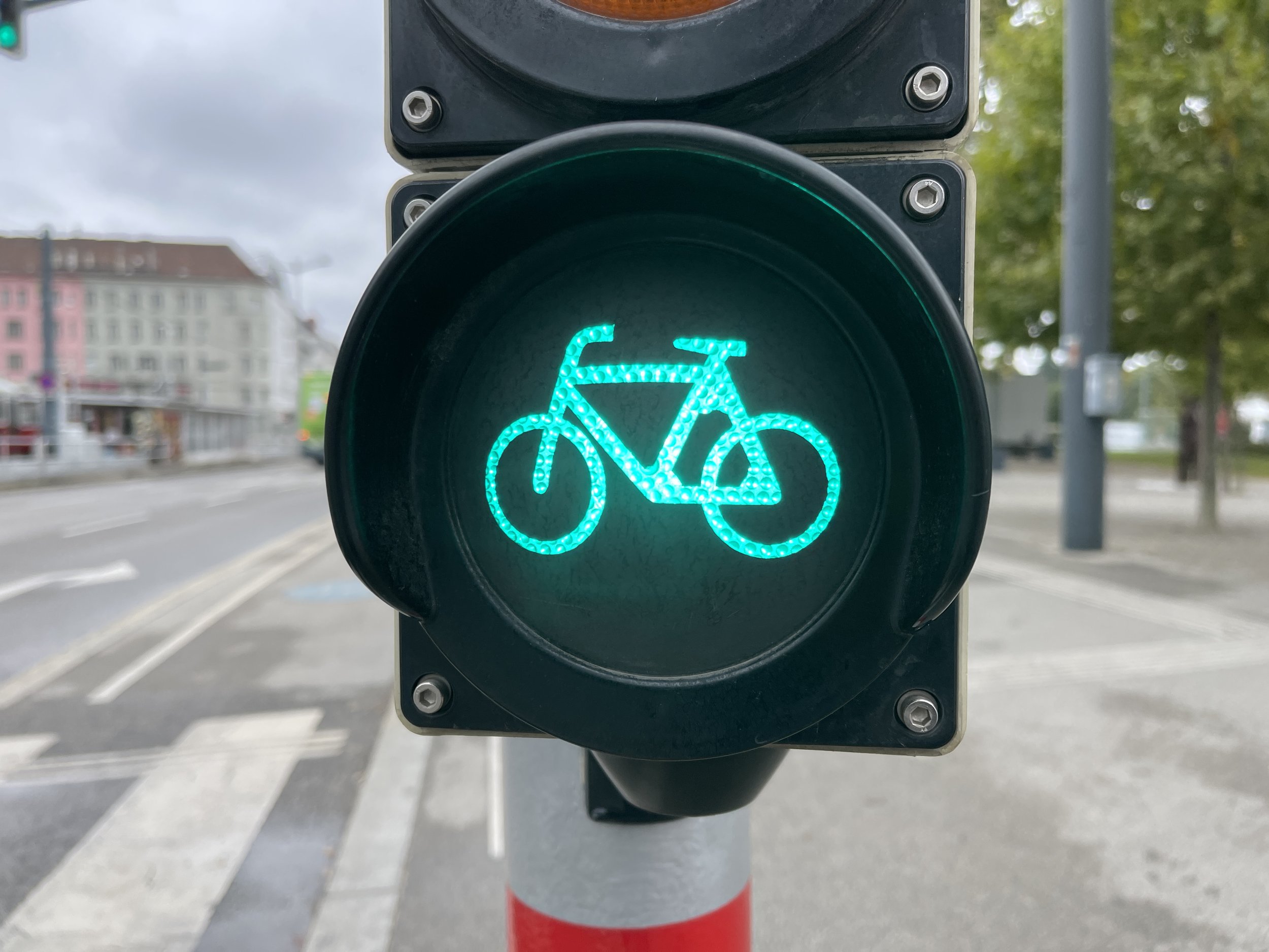Green pedestrian crossing light for bicycles with a bicycle symbol, located on a city street.