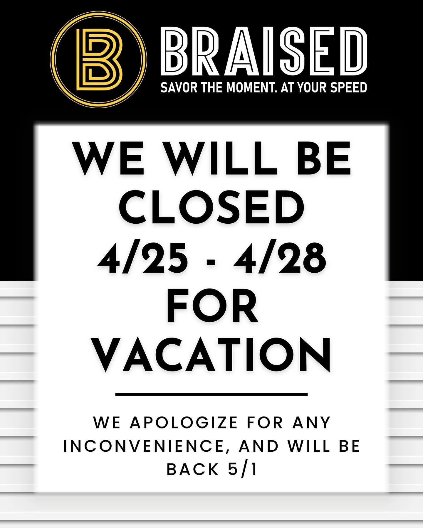 For the first time since our Braised Baby joined us, we are taking a vacation together! So we will be closed this week from Thursday - Sunday.

BUT we will be serving free samples of our new Spring Menu from 3PM - 6PM on Wednesday!!!

If you haven&rs
