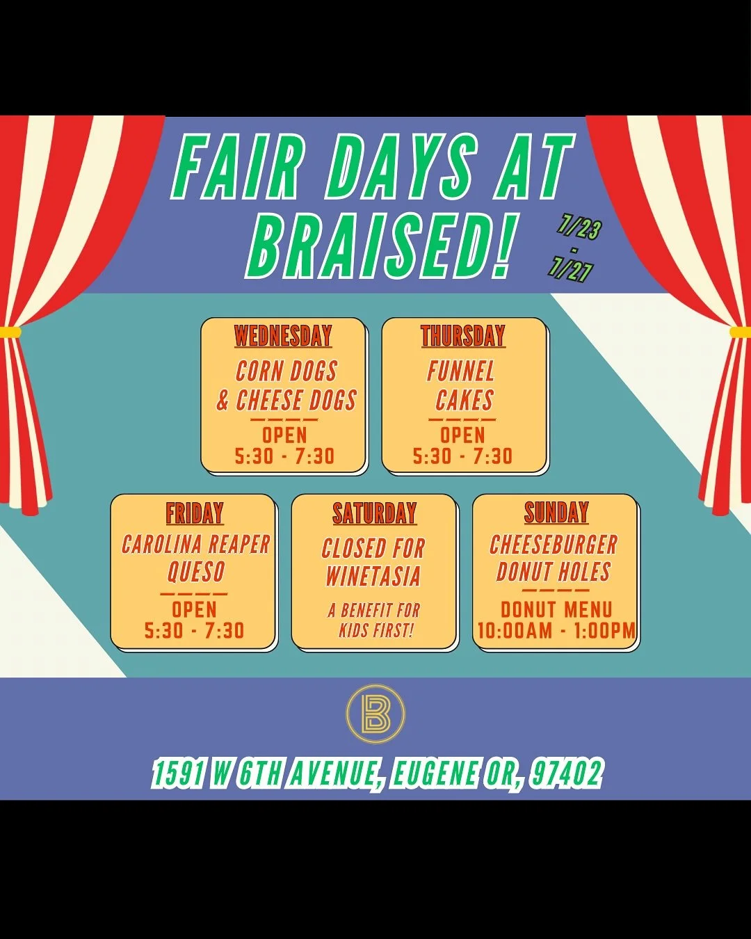 This week is our third annual Fair Days at Braised!
If you are craving fair food, but don’t want to deal with the crowds or heat, swing by Braised!
Each day we will be serving a different fair inspired special!